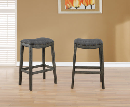 Roundhill Furniture Maroni Whitewash Finish Faric Upholstery Nailheaded Saddle Barstool in Gray, Set of 2