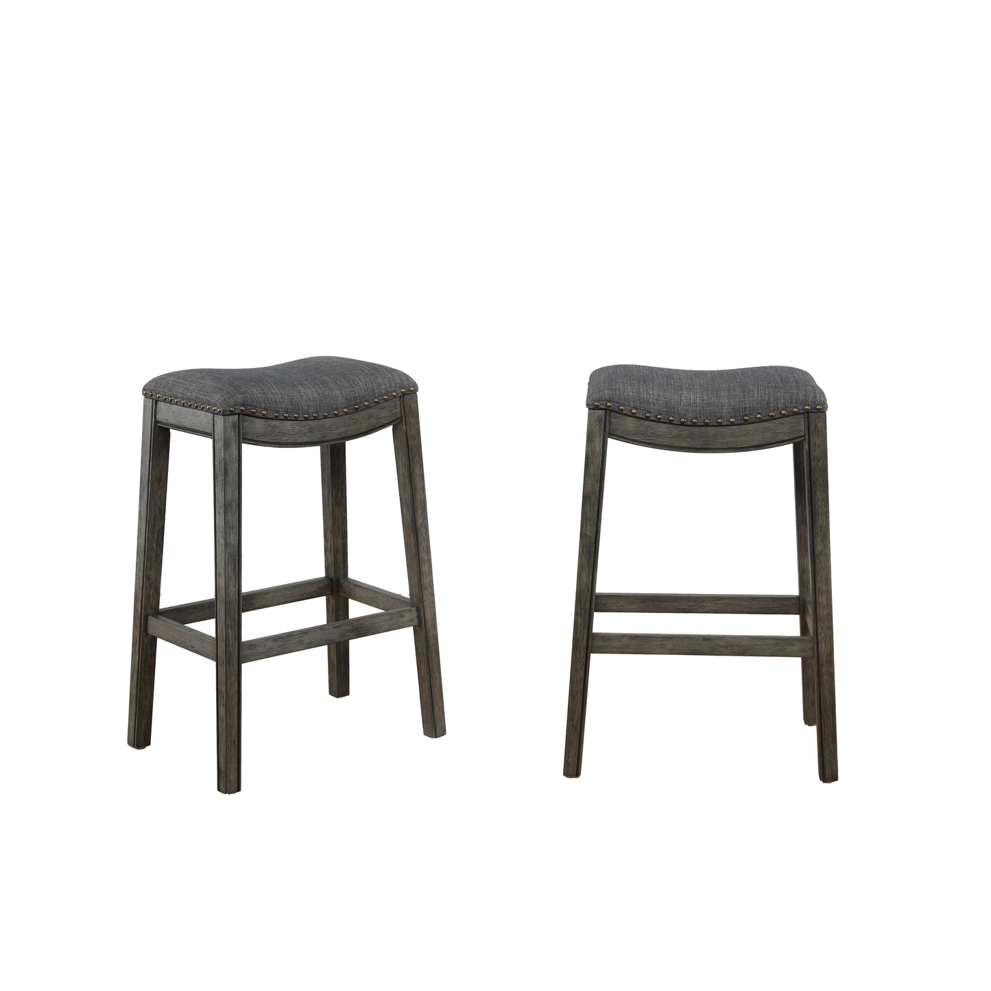 Roundhill Furniture Maroni Whitewash Finish Faric Upholstery Nailheaded Saddle Barstool in Gray, Set of 2