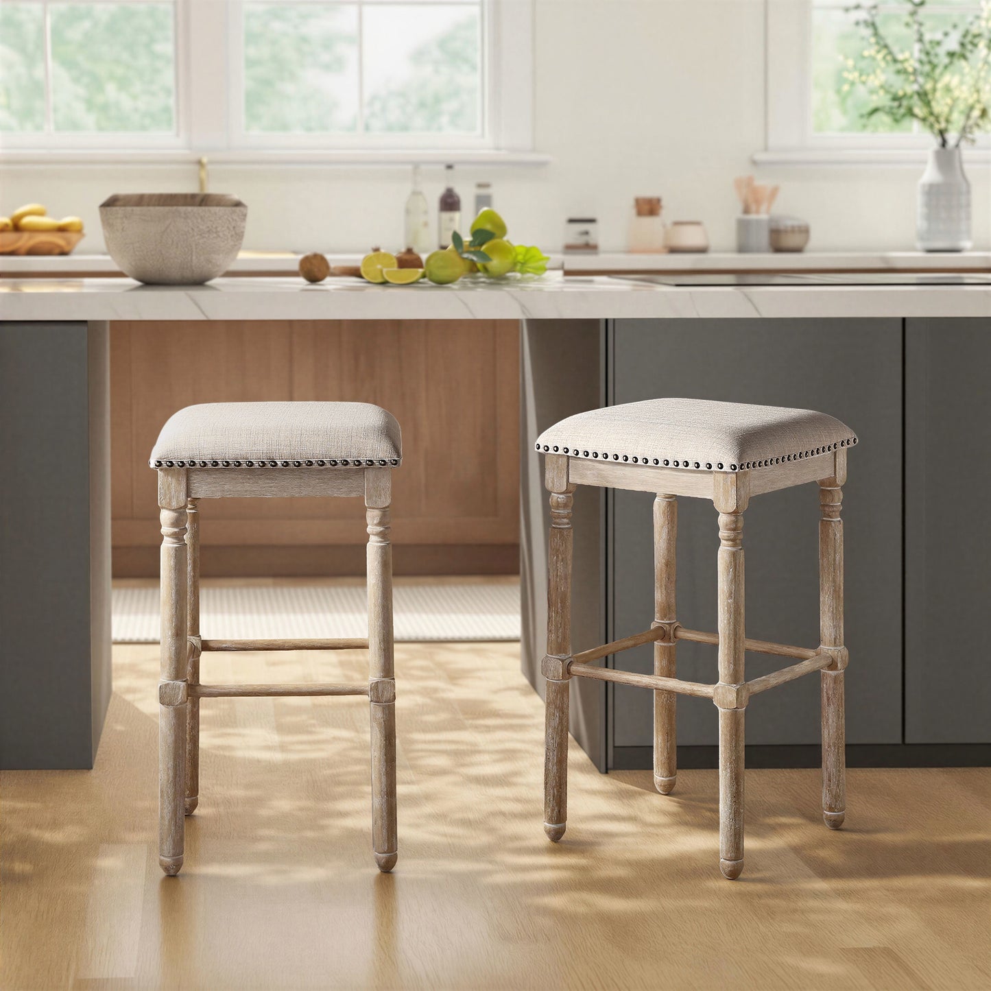 Arnhem Wood Tan Upholstered Bar Stools, Set of 2