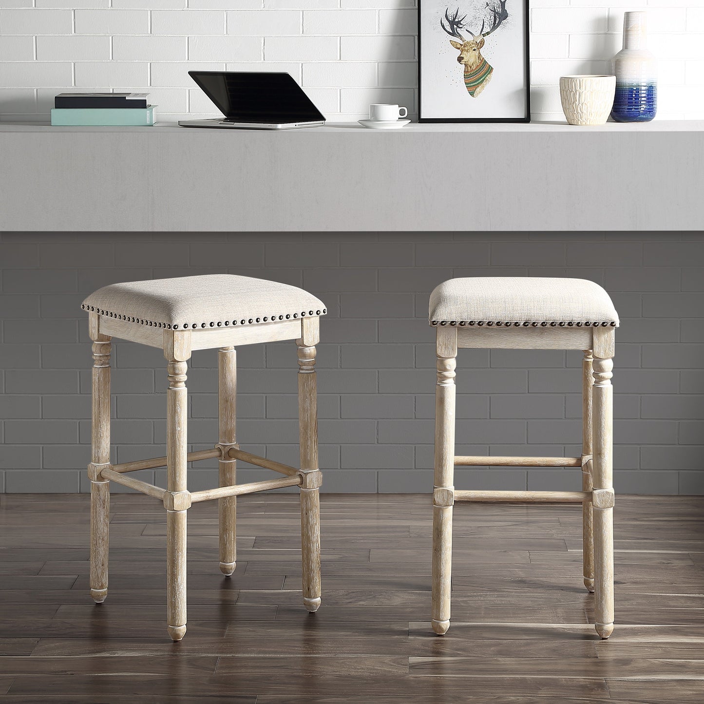 Roundhill Furniture Arnhem Wood Upholstered Bar Stools, Tan, Set of 2