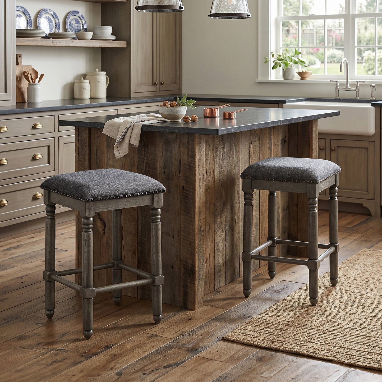 Arnhem Wood Gray Upholstered Counter Height Stool, Set of 2