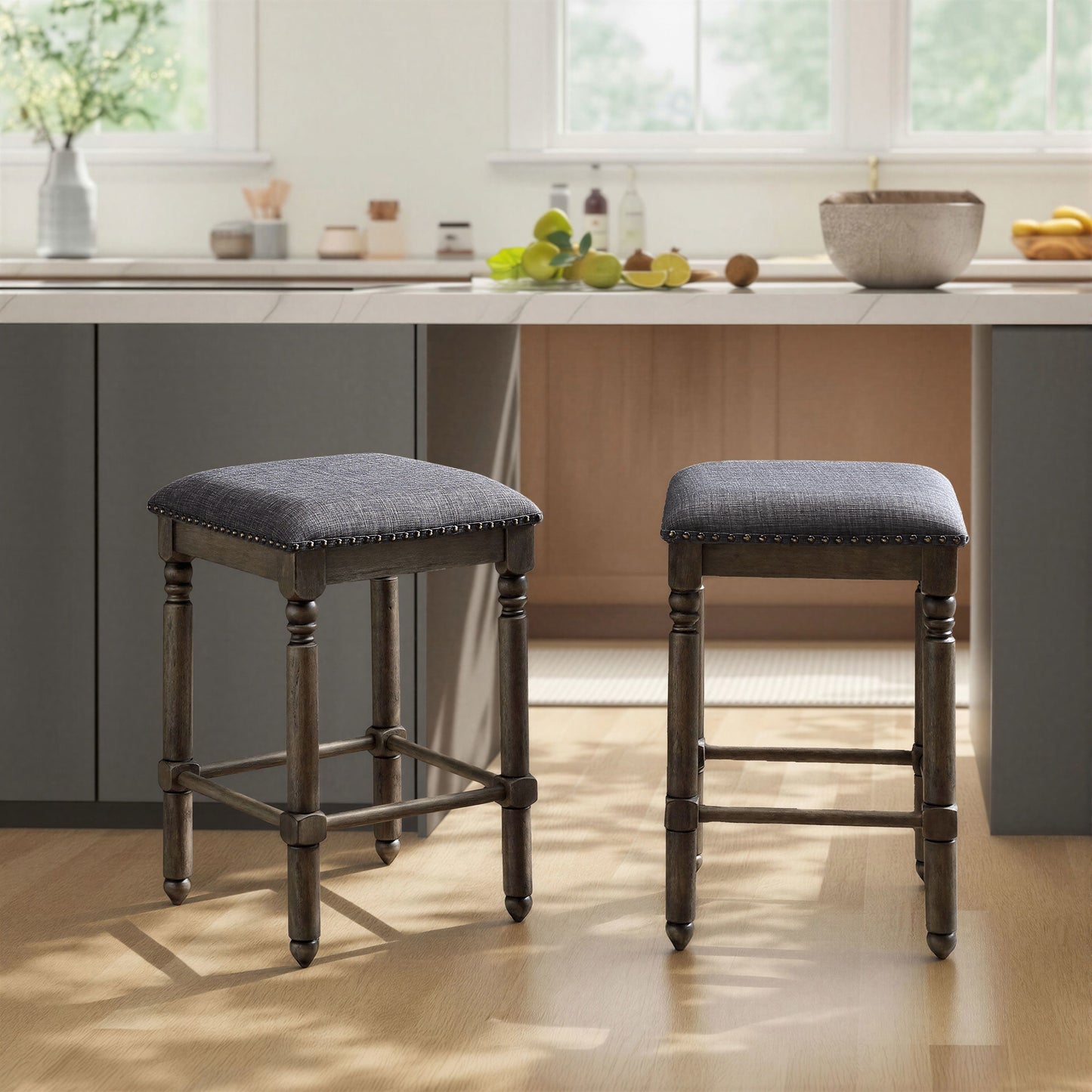 Arnhem Wood Gray Upholstered Counter Height Stool, Set of 2