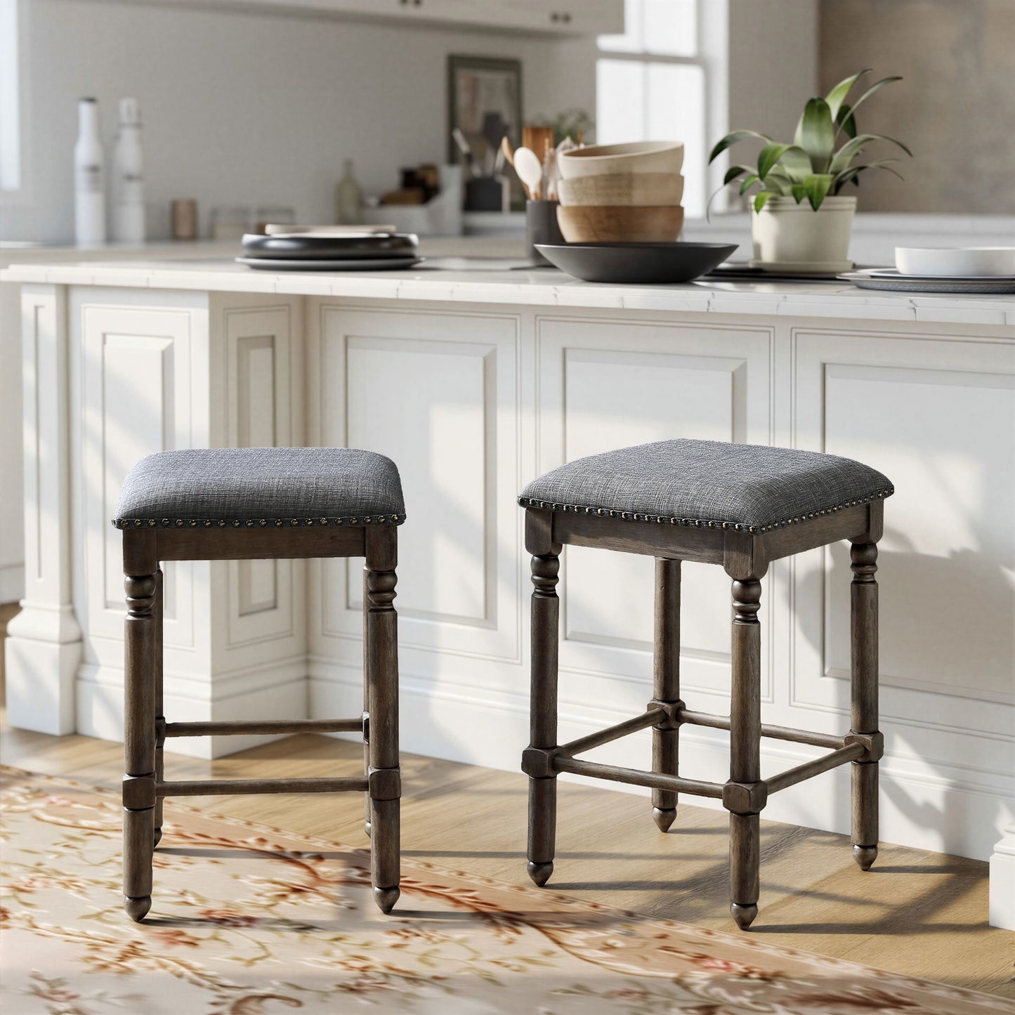 Arnhem Wood Gray Upholstered Counter Height Stool, Set of 2