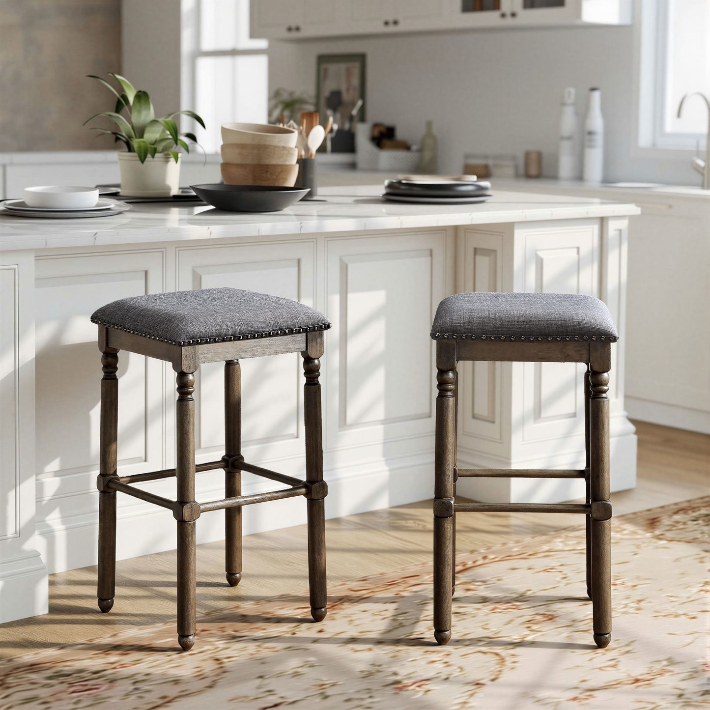 Arnhem Wood Gray Upholstered Bar Stools, Set of 2