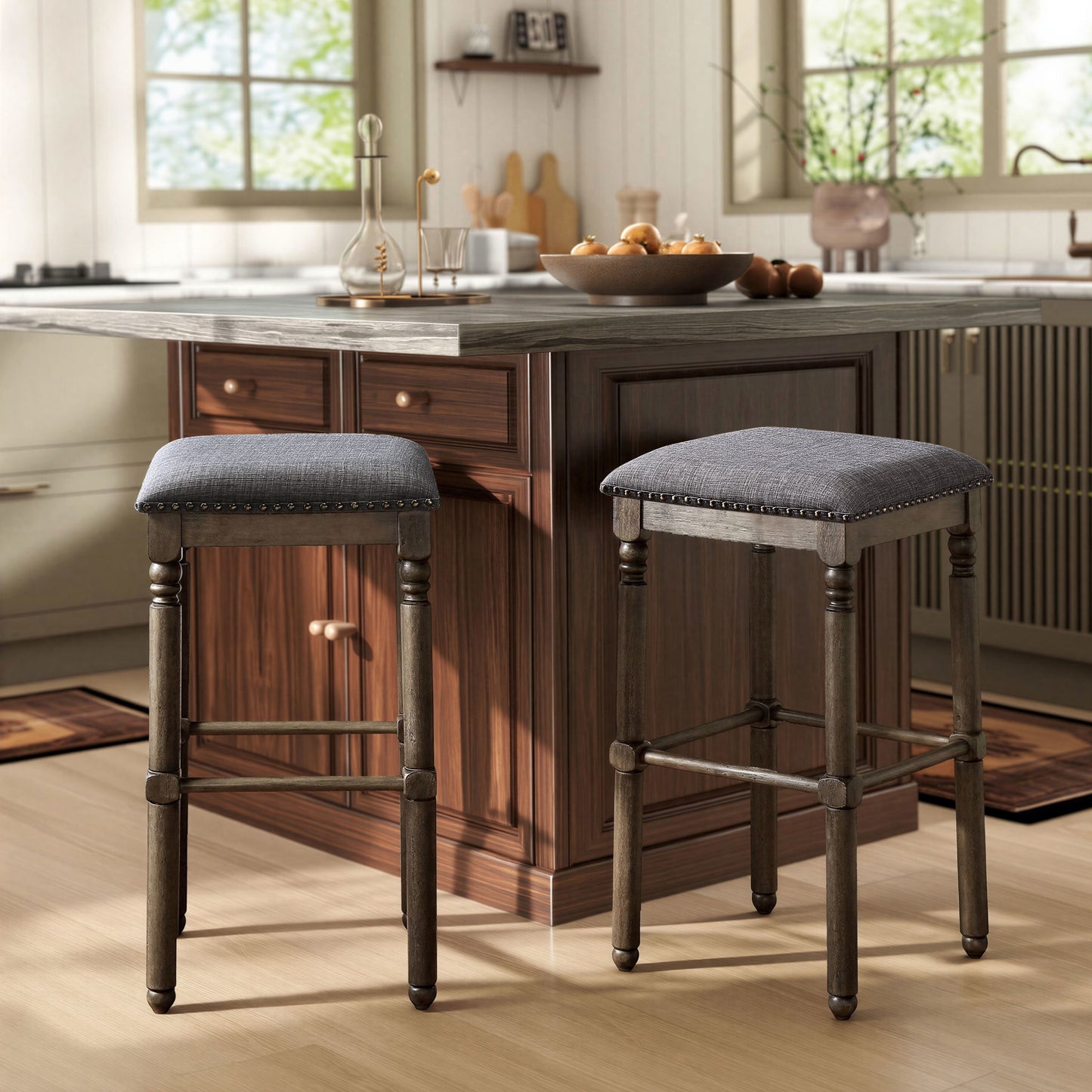 Arnhem Wood Gray Upholstered Bar Stools, Set of 2