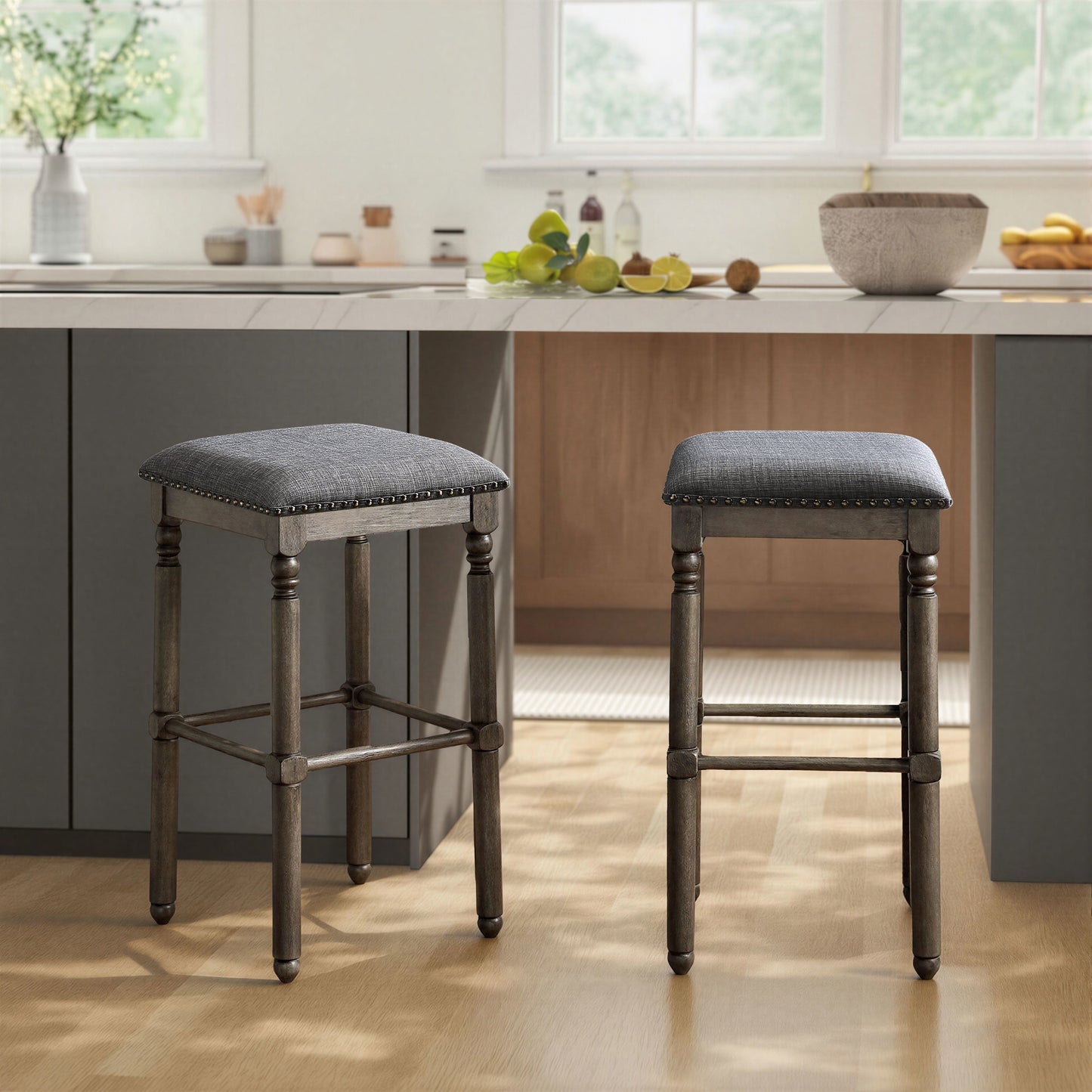 Arnhem Wood Gray Upholstered Bar Stools, Set of 2