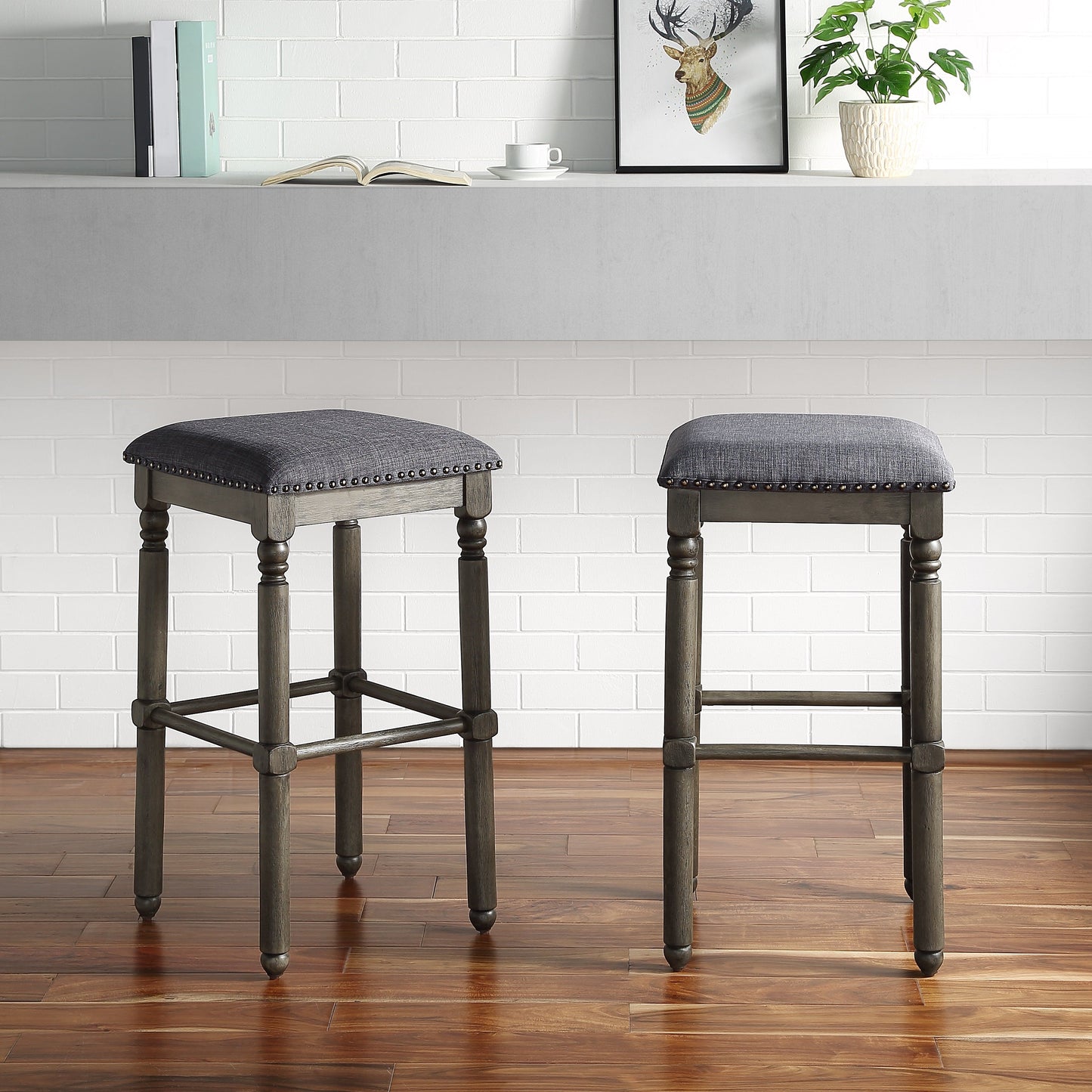 Roundhill Furniture Arnhem Wood Gray Upholstered Swivel Bar Stools, Set of 2