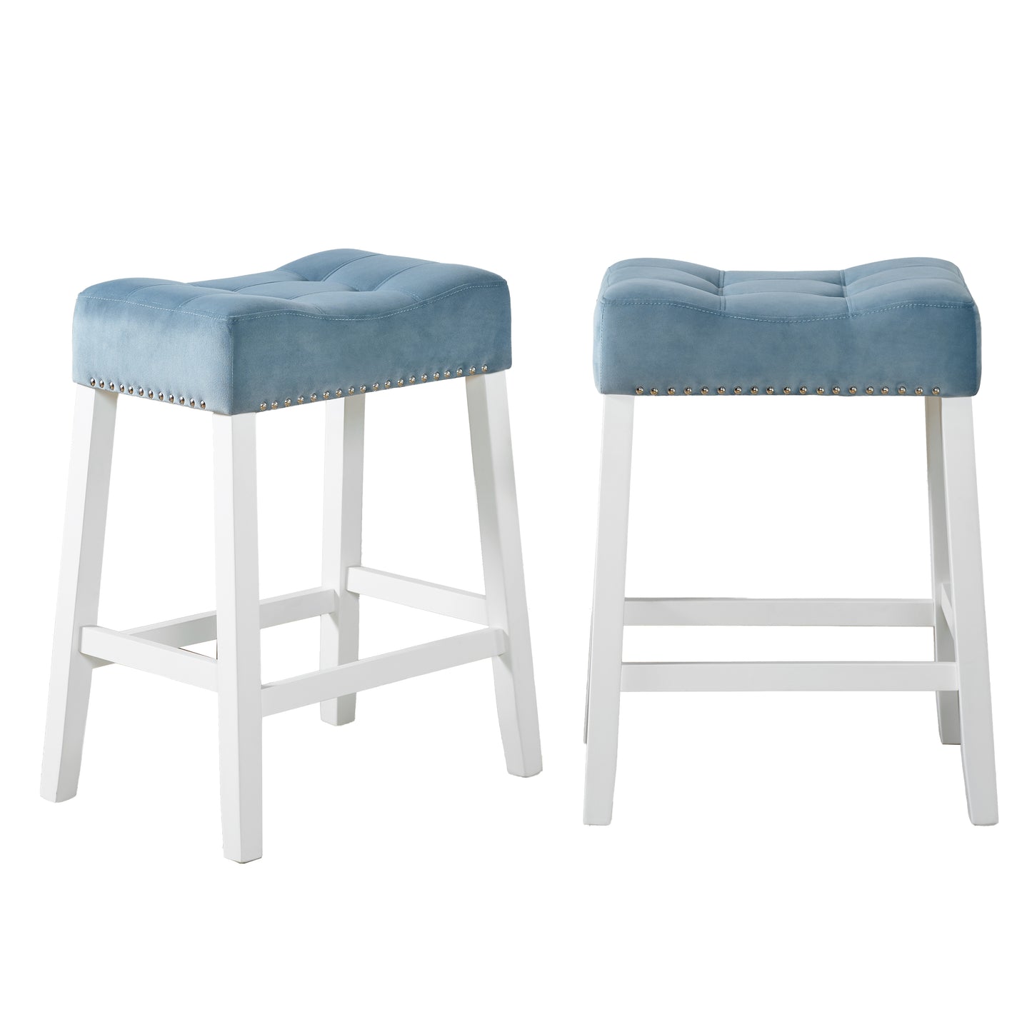 Roundhill Furniture Morovo Set of 2 Velvet Counter Height Stools with Tufted Saddle Seats, White-Wash Finish, Blue