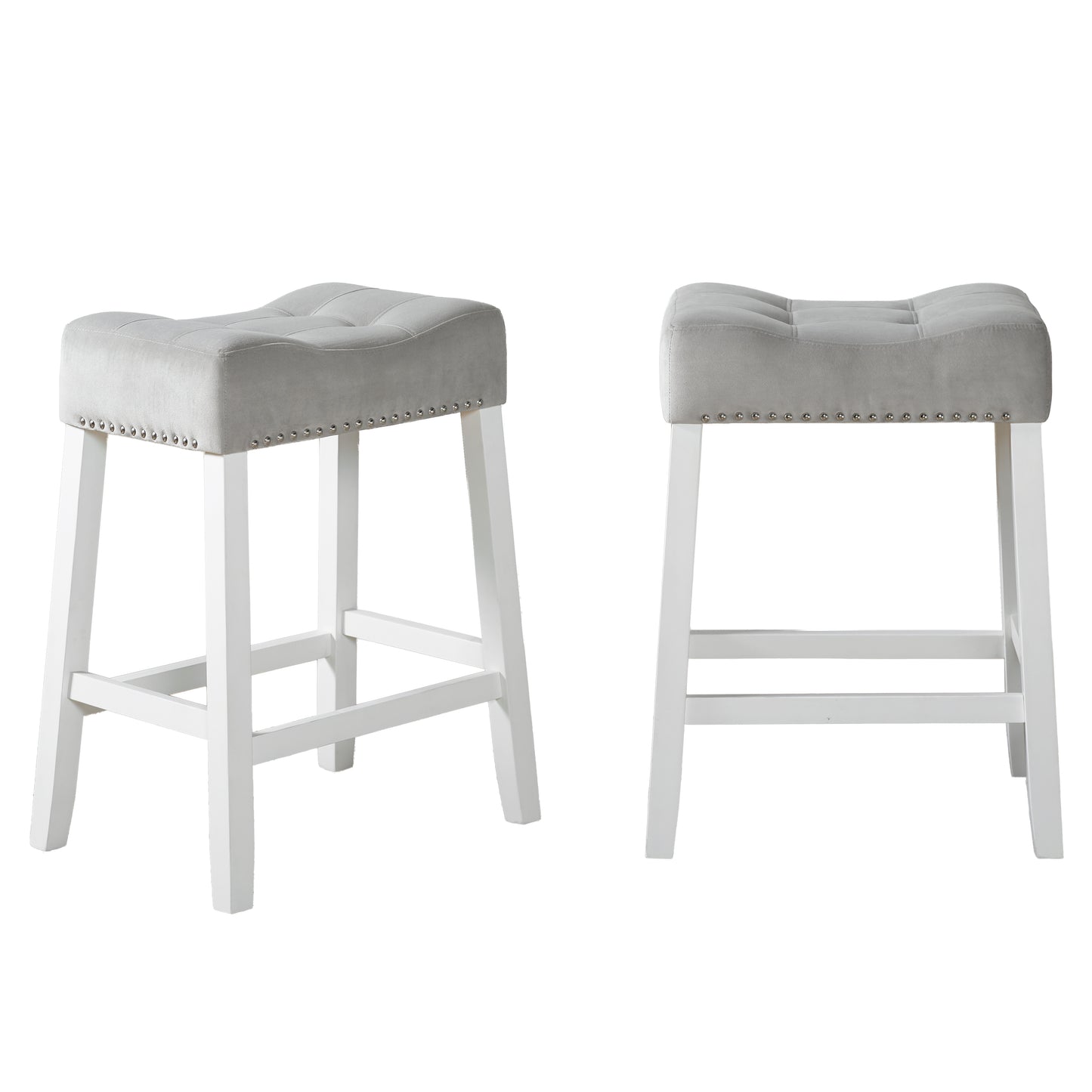 Roundhill Furniture Morovo Set of 2 Velvet Counter Height Stools with Tufted Saddle Seats, White-Wash Finish, Gray