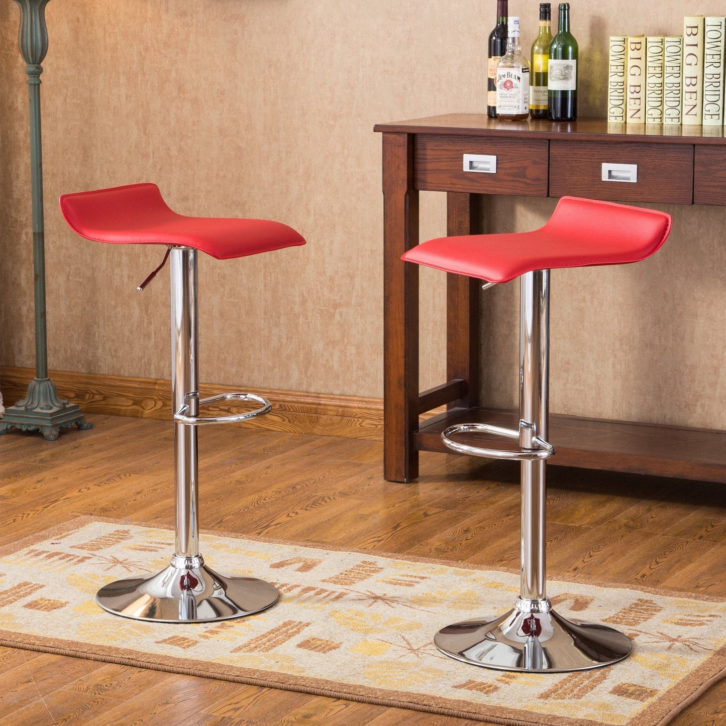 Roundhill Furniture Contemporary Chrome Air Lift Adjustable Swivel Stools with Red Seat, Set of 2