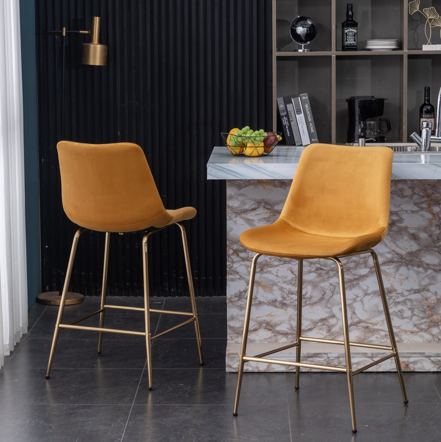 Roundhill Furniture Aufurr Modern Velvet 26.50 Counter Height Stool, Gold, Set of 2