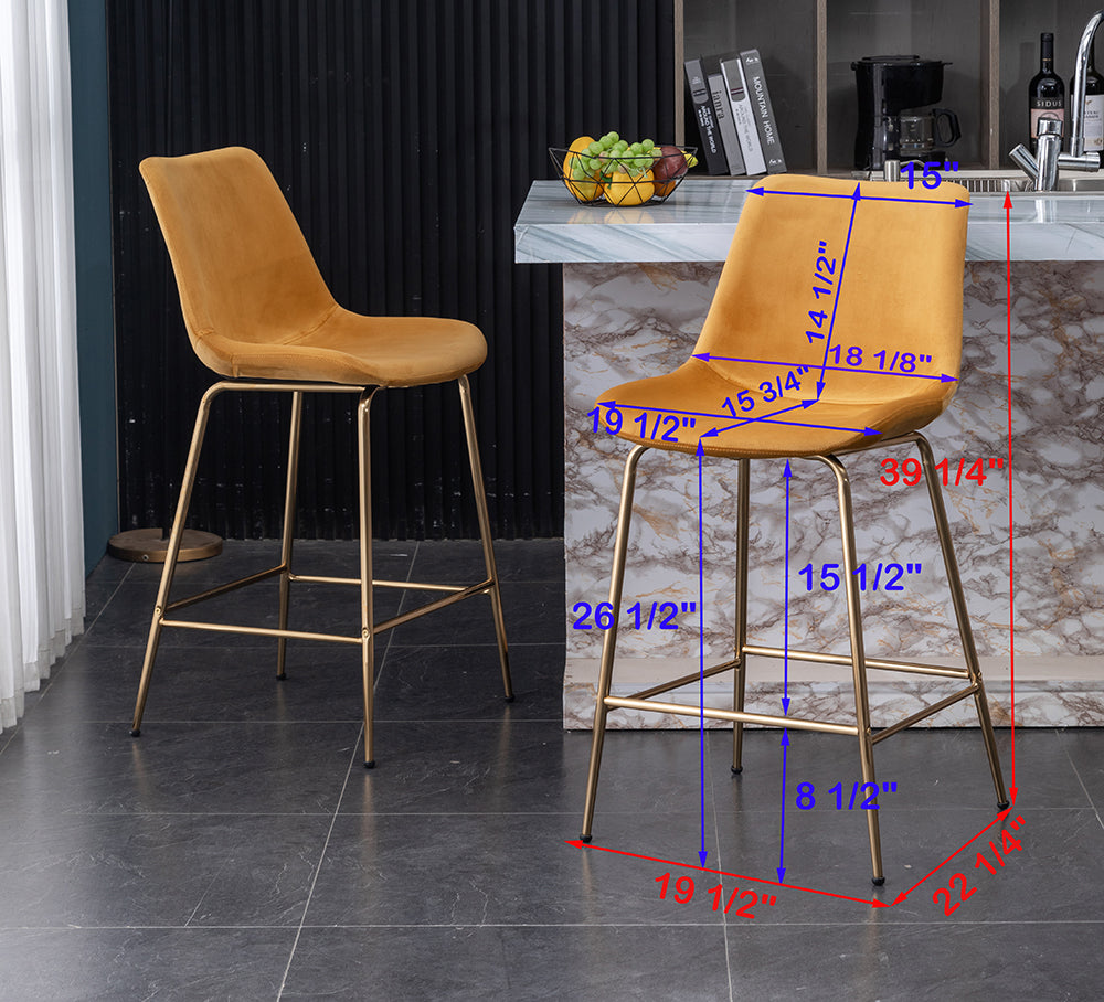 Roundhill Furniture Aufurr Modern Velvet 26.50 Counter Height Stool, Set of 2, Gold