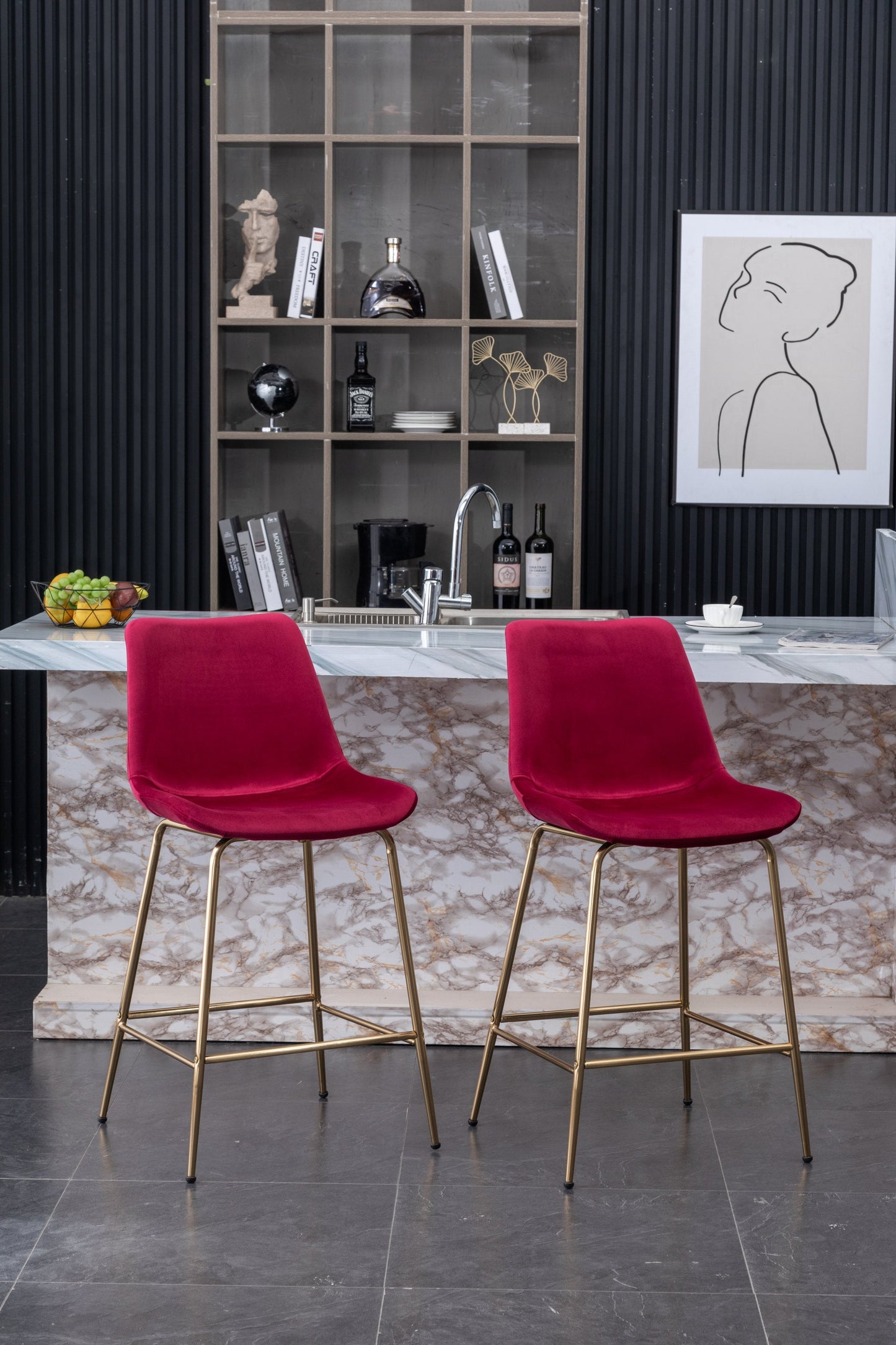 Roundhill Furniture Aufurr Modern Velvet 26.50 Counter Height Stool, Set of 2, Red