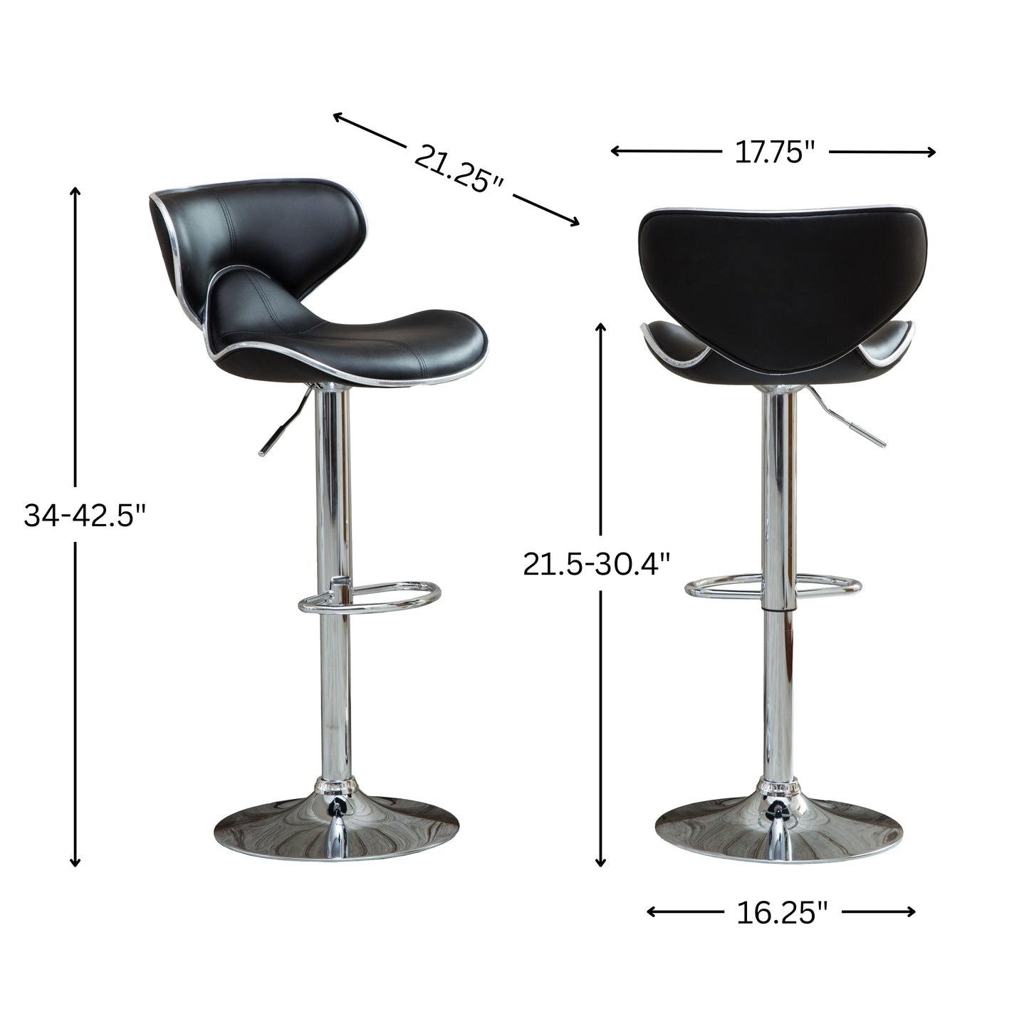 Masaccio Black Cushioned Leatherette Upholstery Airlift Adjustable Swivel Barstool with Chrome Base, Set of 2