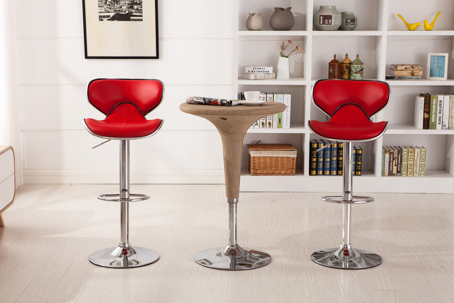 Roundhill Furniture Masaccio Cushioned Leatherette Upholstery Airlift Adjustable Swivel Barstool with Chrome Base, Red, Set of 2