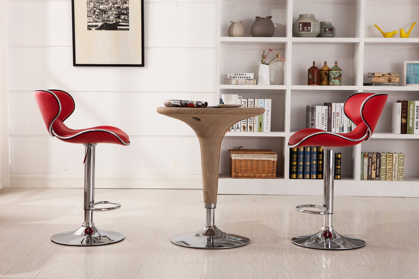 Roundhill Furniture Masaccio Cushioned Leatherette Upholstery Airlift Adjustable Swivel Barstool with Chrome Base, Red, Set of 2