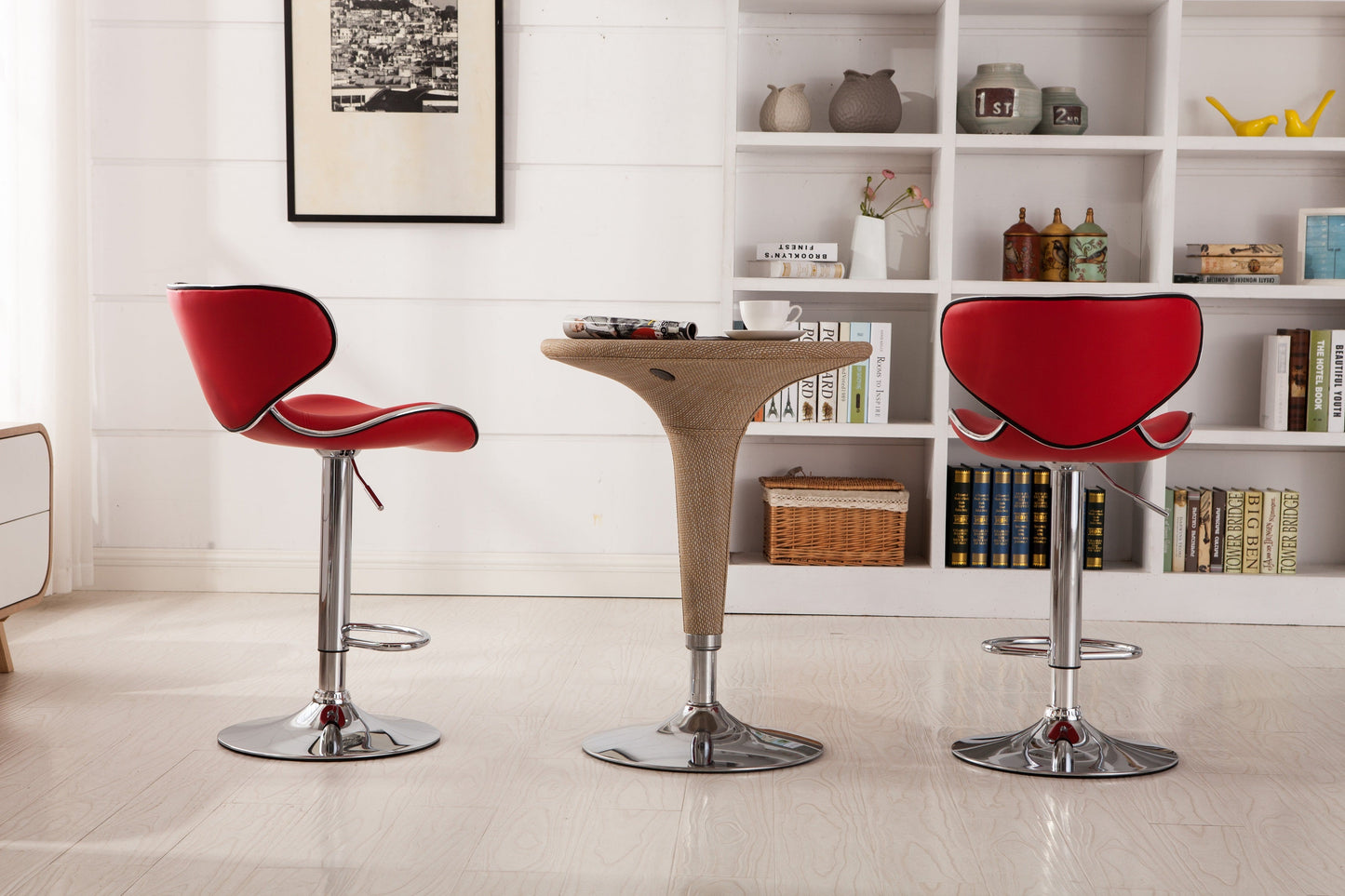 Roundhill Furniture Masaccio Cushioned Leatherette Upholstery Airlift Adjustable Swivel Barstool with Chrome Base, Red, Set of 2