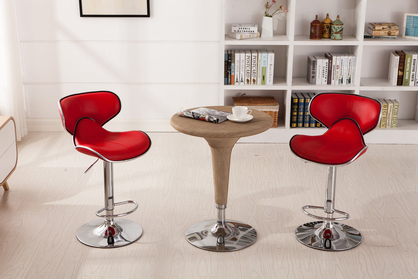 Roundhill Furniture Masaccio Cushioned Leatherette Upholstery Airlift Adjustable Swivel Barstool with Chrome Base, Red, Set of 2