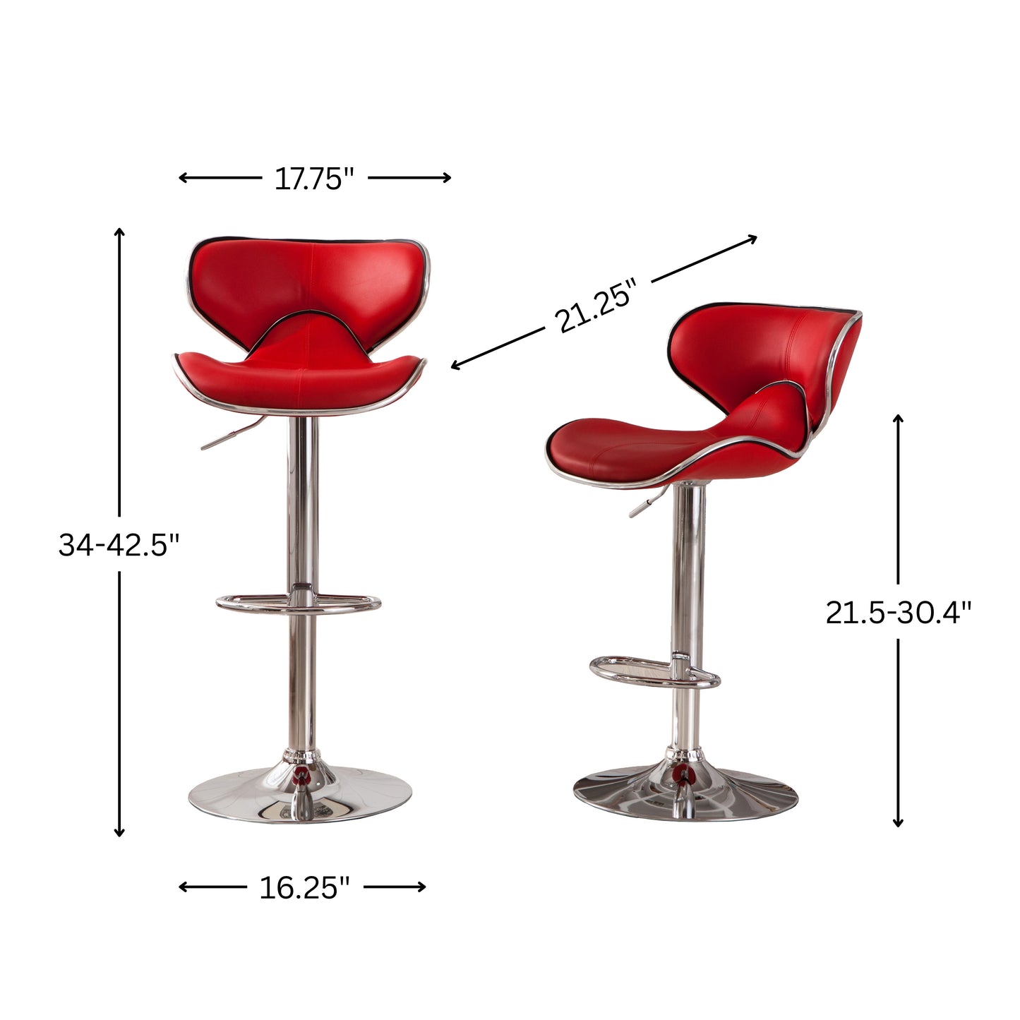 Masaccio Red Cushioned Leatherette Upholstery Airlift Adjustable Swivel Barstool with Chrome Base, Set of 2