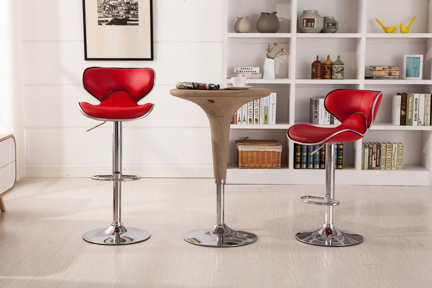 Roundhill Furniture Masaccio Cushioned Leatherette Upholstery Airlift Adjustable Swivel Barstool with Chrome Base, Red, Set of 2