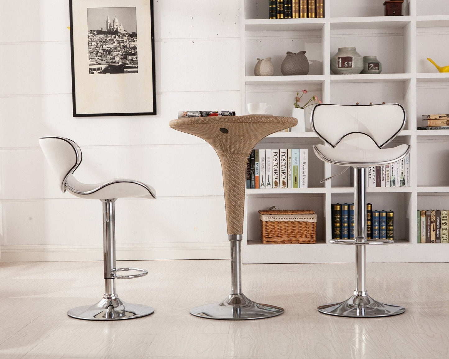 Roundhill Furniture Masaccio Faux Leather Airlift Adjustable Swivel Barstools, White, Set of 2