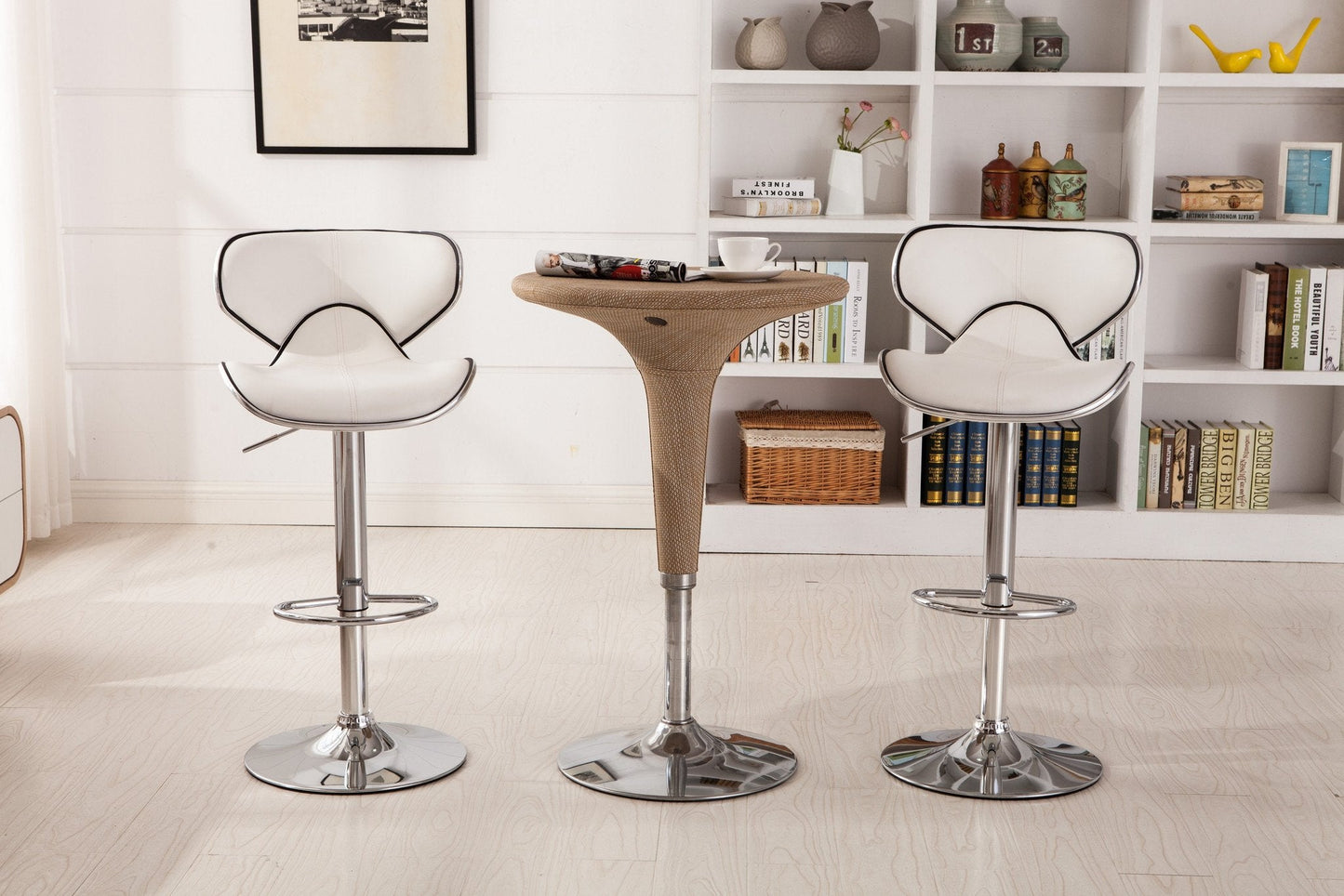 Masaccio White Cushioned Leatherette Upholstery Airlift Adjustable Swivel Barstool with Chrome Base, Set of 2