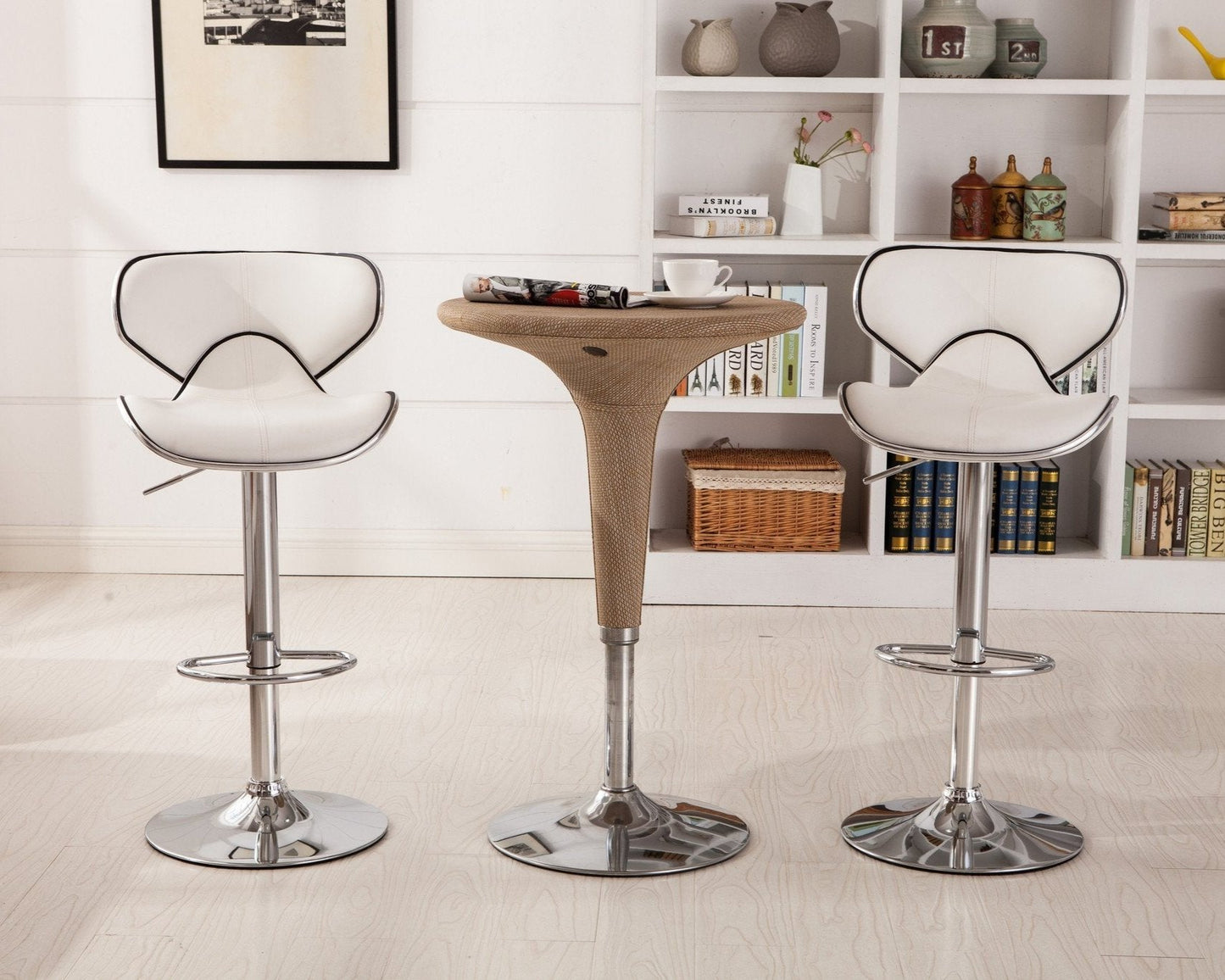 Roundhill Furniture Masaccio Faux Leather Airlift Adjustable Swivel Barstools, White, Set of 2