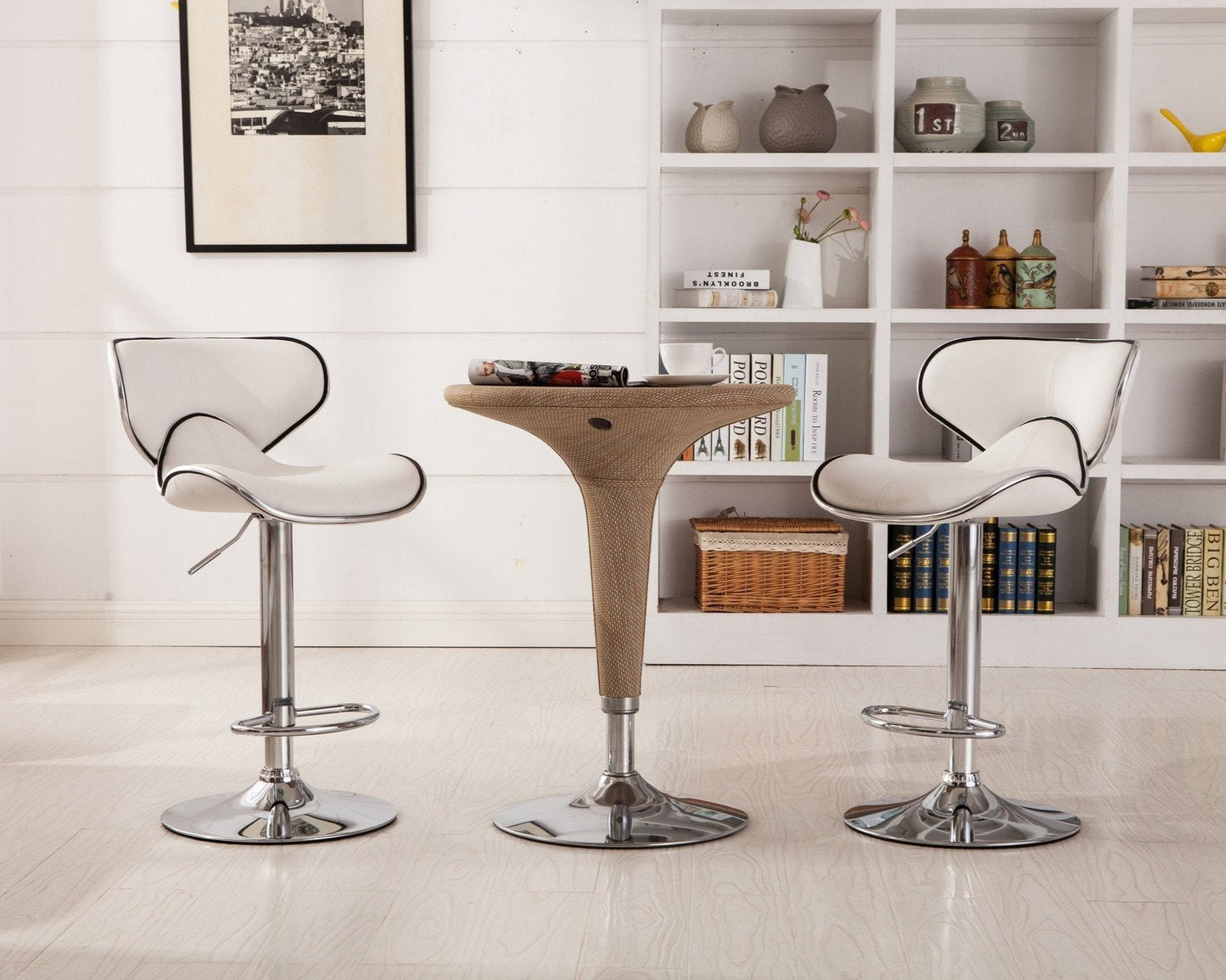 Roundhill Furniture Masaccio Faux Leather Airlift Adjustable Swivel Barstools, White, Set of 2