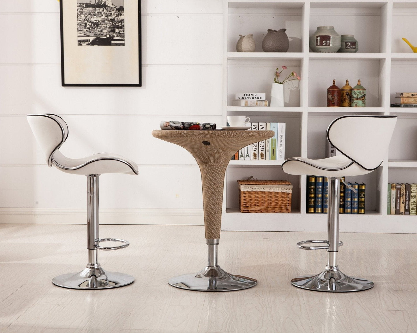 Roundhill Furniture Masaccio Faux Leather Airlift Adjustable Swivel Barstools, White, Set of 2