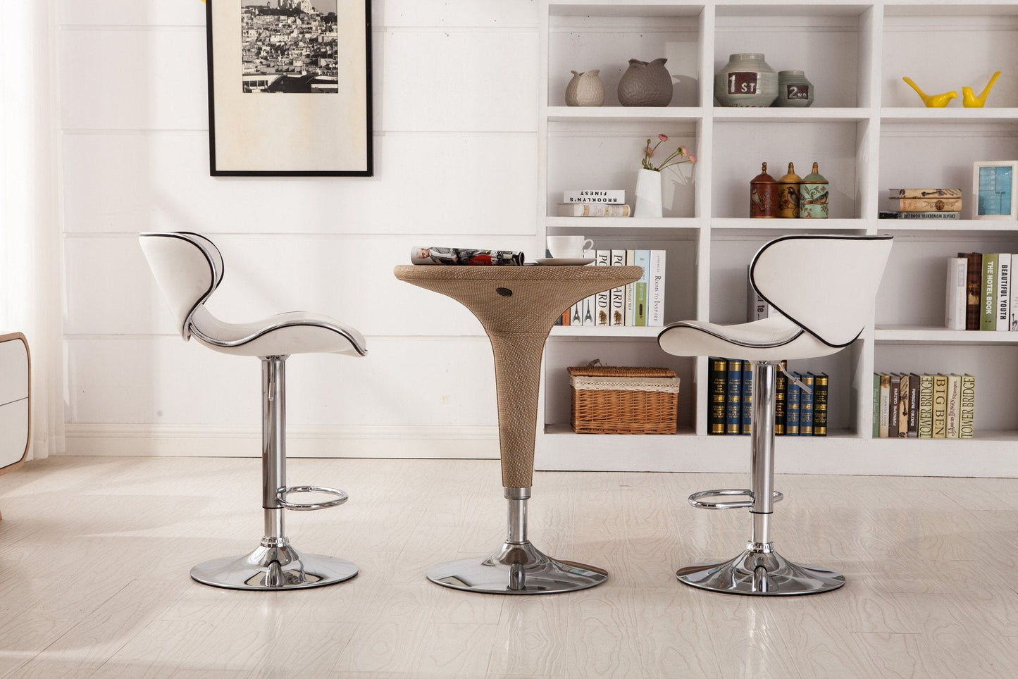 Masaccio White Cushioned Leatherette Upholstery Airlift Adjustable Swivel Barstool with Chrome Base, Set of 2