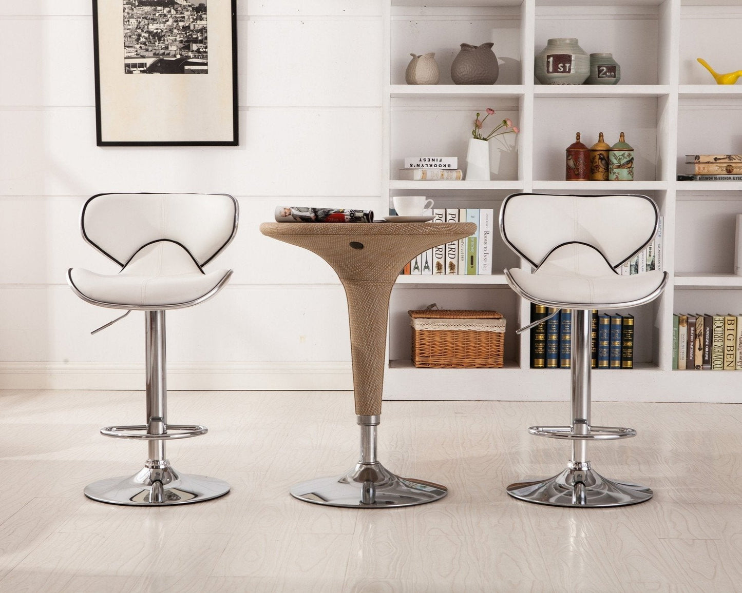 Roundhill Furniture Masaccio Faux Leather Airlift Adjustable Swivel Barstools, White, Set of 2