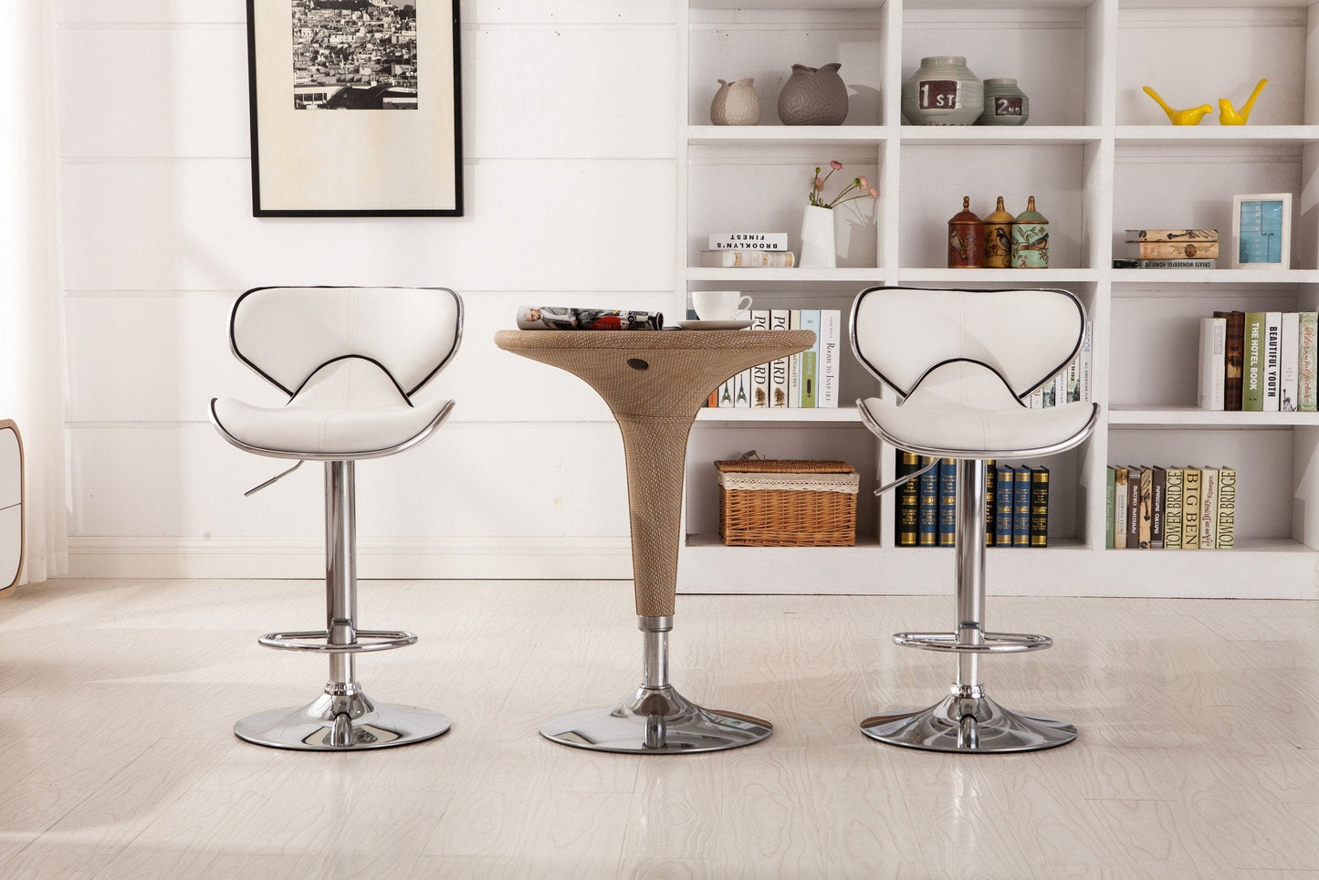 Masaccio White Cushioned Leatherette Upholstery Airlift Adjustable Swivel Barstool with Chrome Base, Set of 2