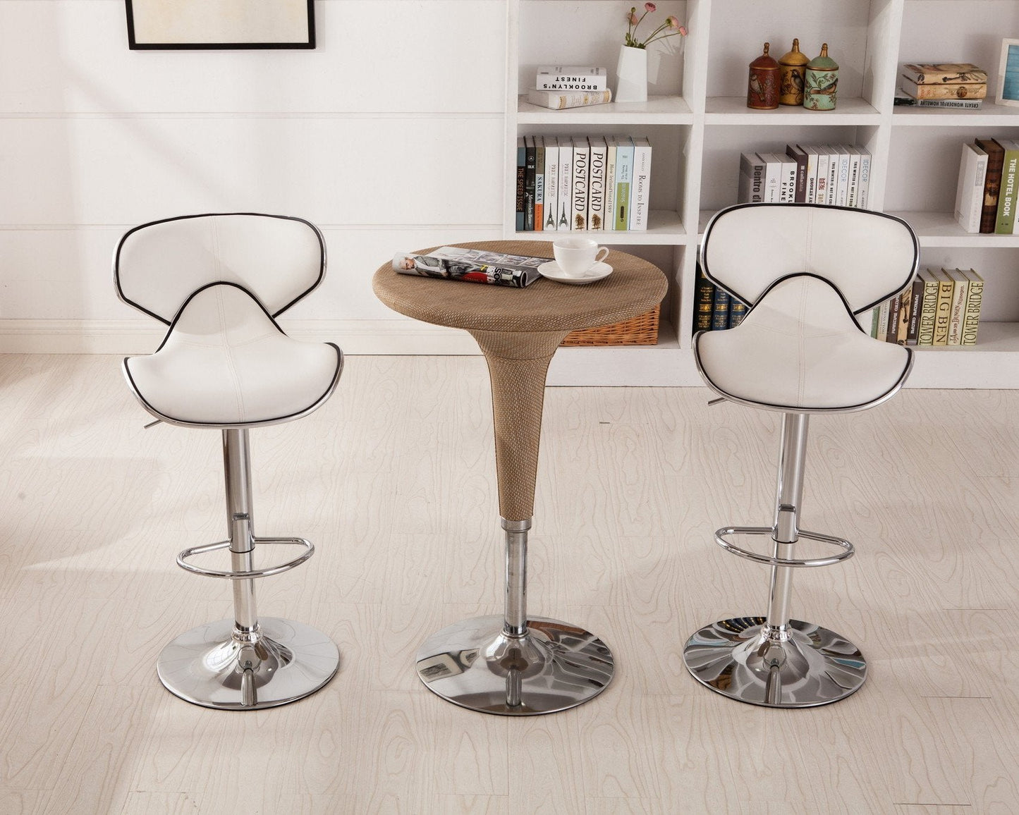 Roundhill Furniture Masaccio Faux Leather Airlift Adjustable Swivel Barstools, White, Set of 2