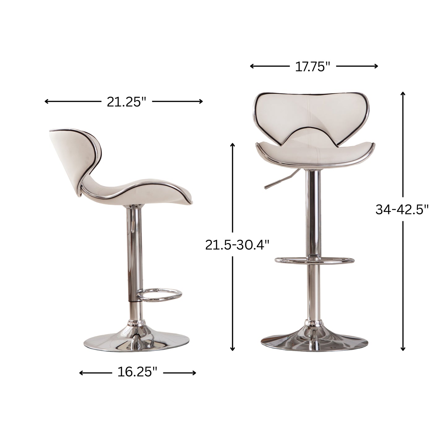 Masaccio White Cushioned Leatherette Upholstery Airlift Adjustable Swivel Barstool with Chrome Base, Set of 2