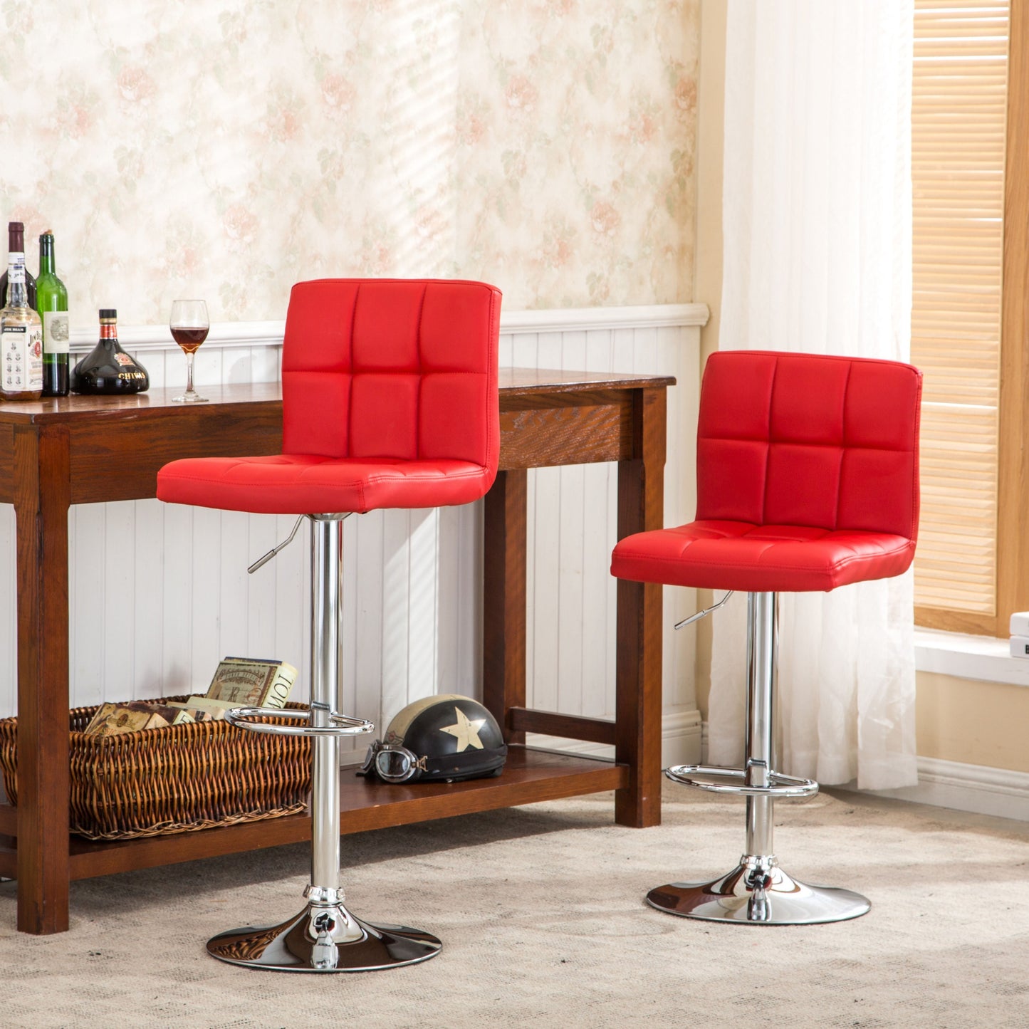 Swivel Faux Leather Adjustable Hydraulic Bar Stool - Set of 2 Red
