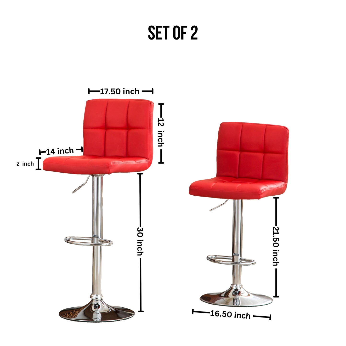 Swivel Faux Leather Adjustable Hydraulic Bar Stool - Set of 2 Red