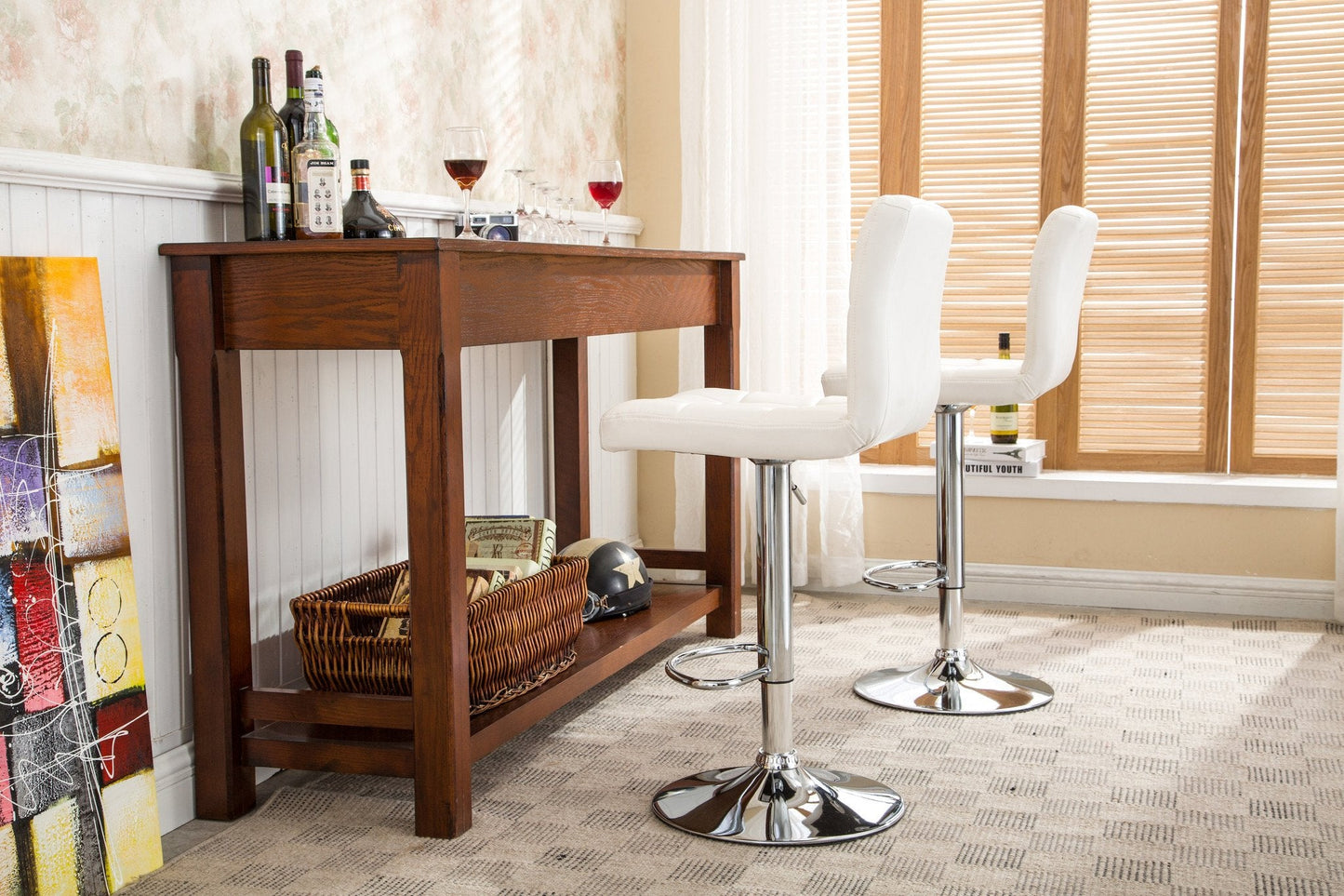 Swivel Faux Leather Adjustable Hydraulic Bar Stool - Set of 2 White
