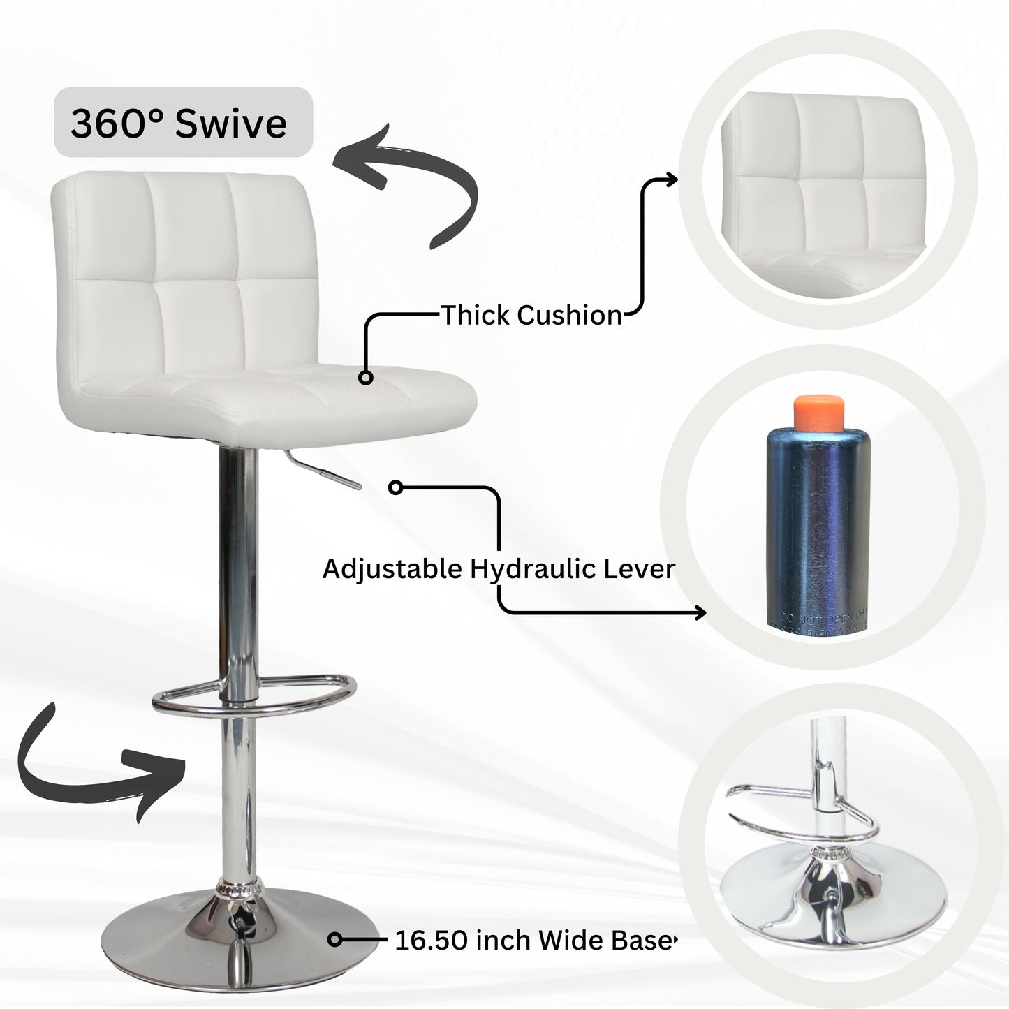 Swivel Faux Leather Adjustable Hydraulic Bar Stool - Set of 2 White