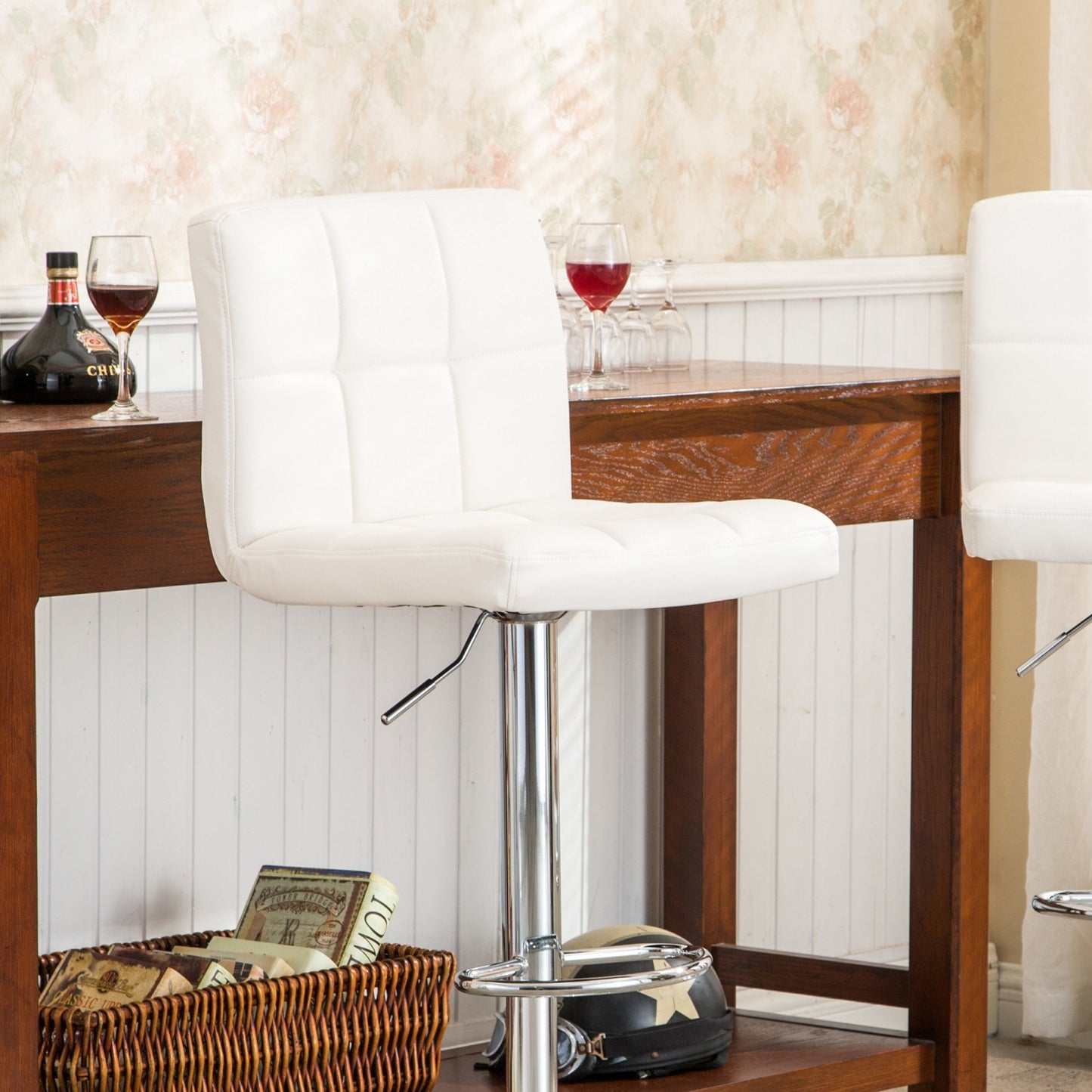 Swivel Faux Leather Adjustable Hydraulic Bar Stool - Set of 2 White