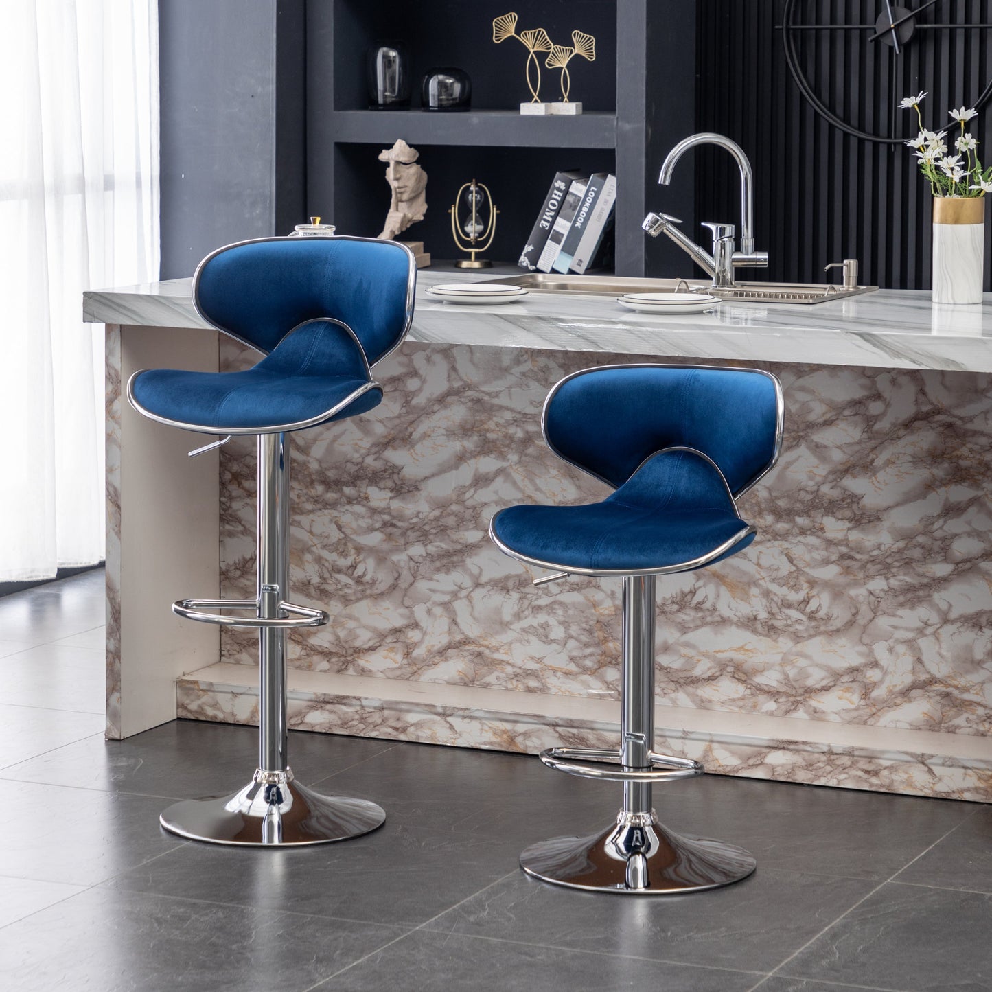 Roundhill Furniture Masaccio Velvet Upholstered Adjustable Swivel Barstool, Blue, Set of 2