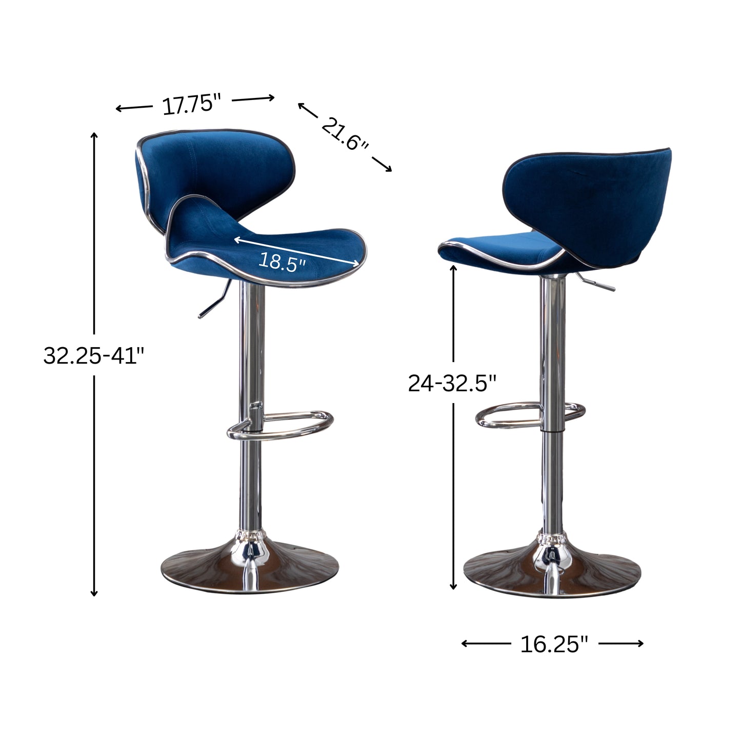 Masaccio Velvet Upholstered Adjustable Swivel Barstool, Set of 2, Blue