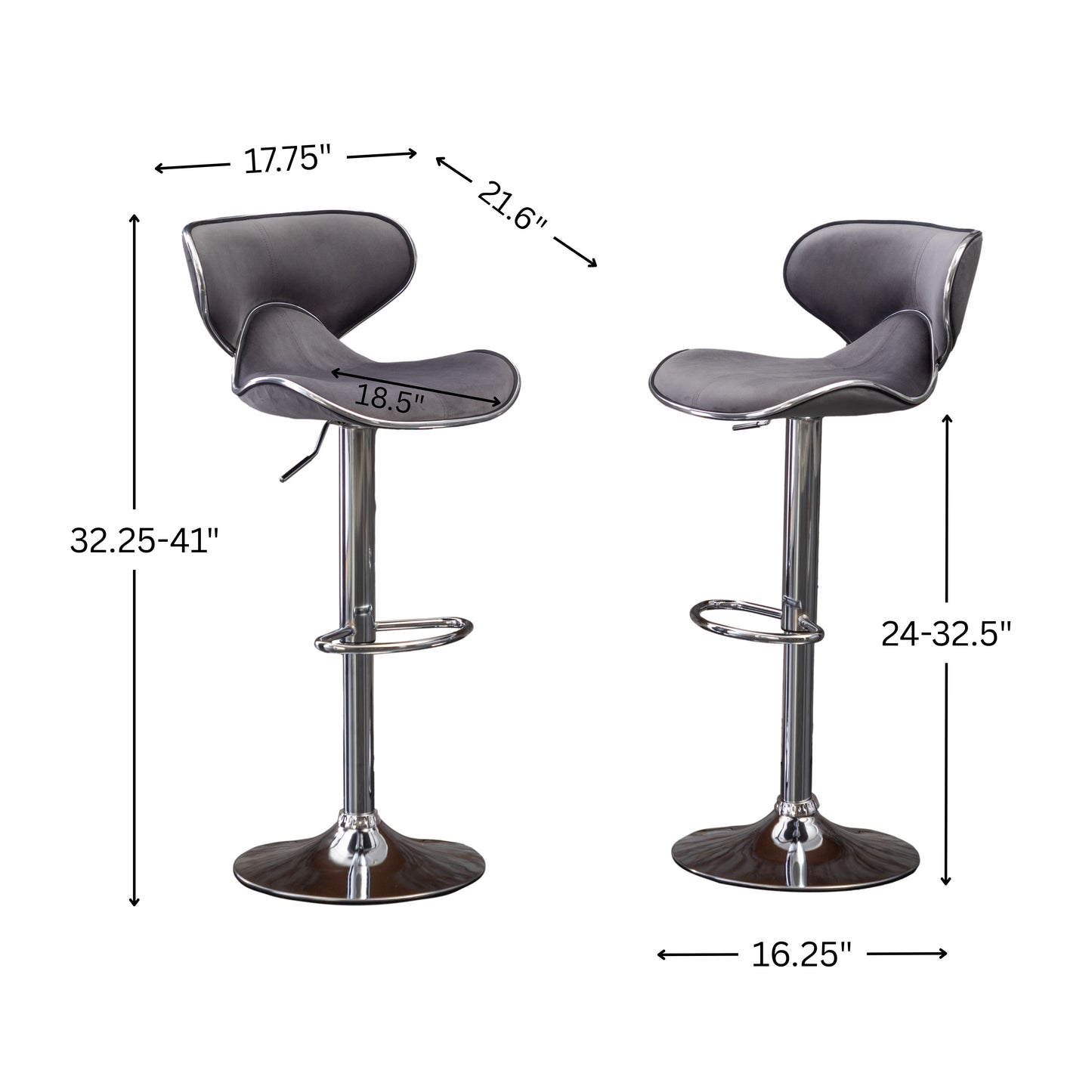 Masaccio Velvet Upholstered Adjustable Swivel Barstool, Set of 2, Gray
