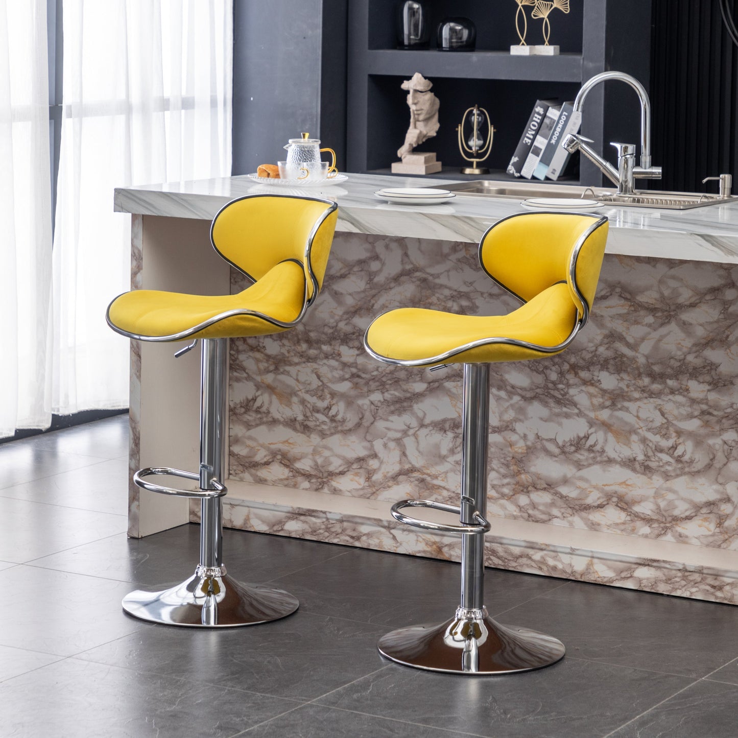 Roundhill Furniture Masaccio Velvet Upholstered Adjustable Swivel Barstool, Yellow, Set of 2