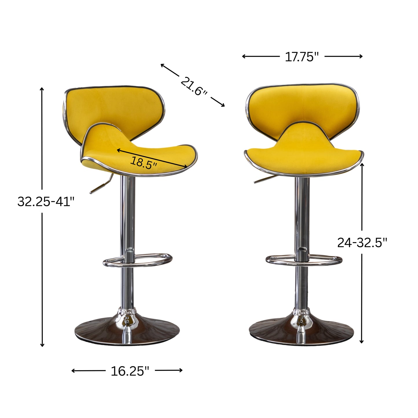 Masaccio Velvet Upholstered Adjustable Swivel Barstool, Set of 2, Yellow