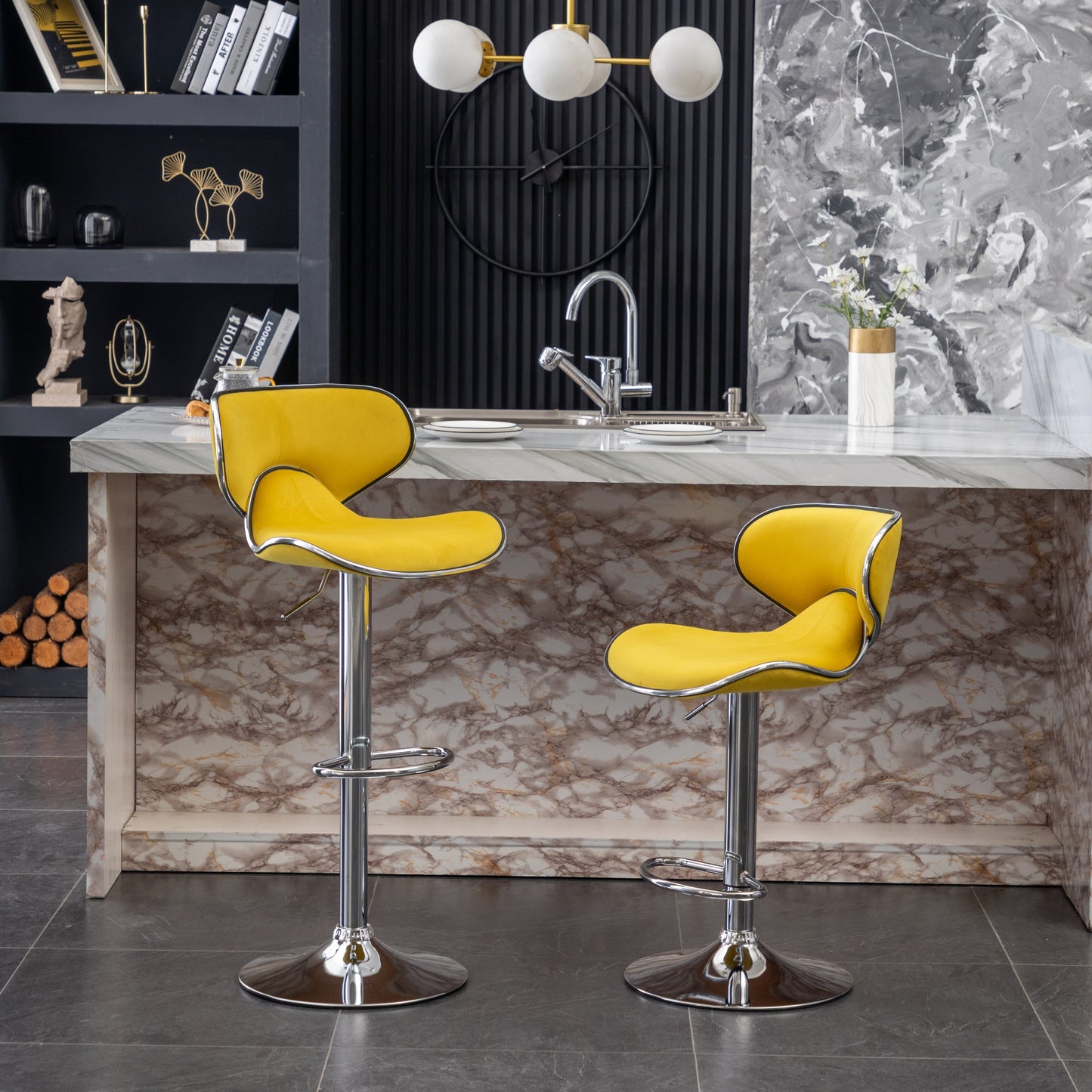 Roundhill Furniture Masaccio Velvet Upholstered Adjustable Swivel Barstool, Yellow, Set of 2