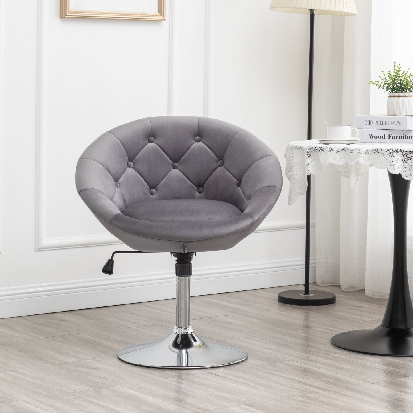 Noas Velvet Upholstered Tufted Back Swivel Accent Chair, Gray