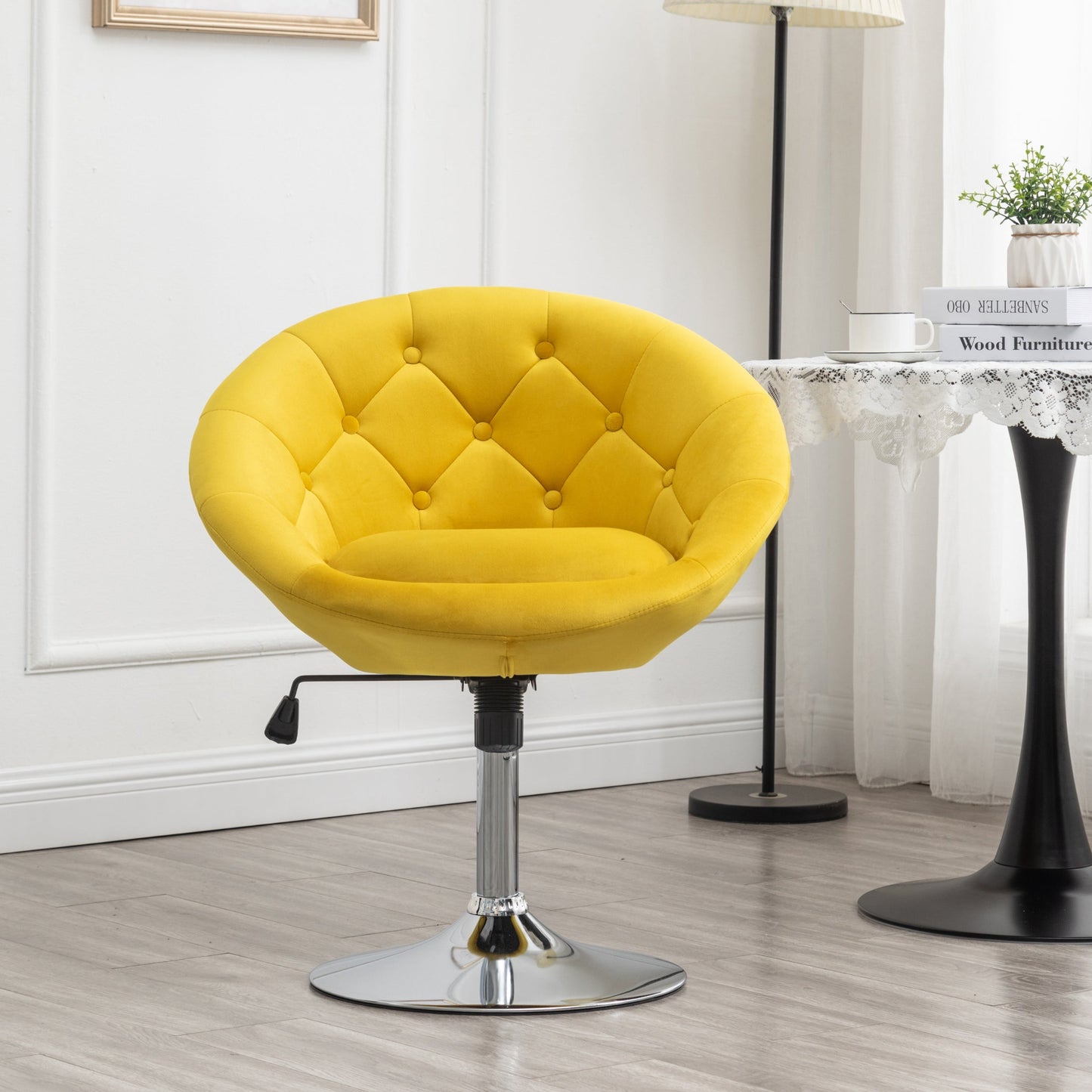 Roundhill Furniture Noas Velvet Upholstered Tufted Back Swivel Accent Chair, Yellow