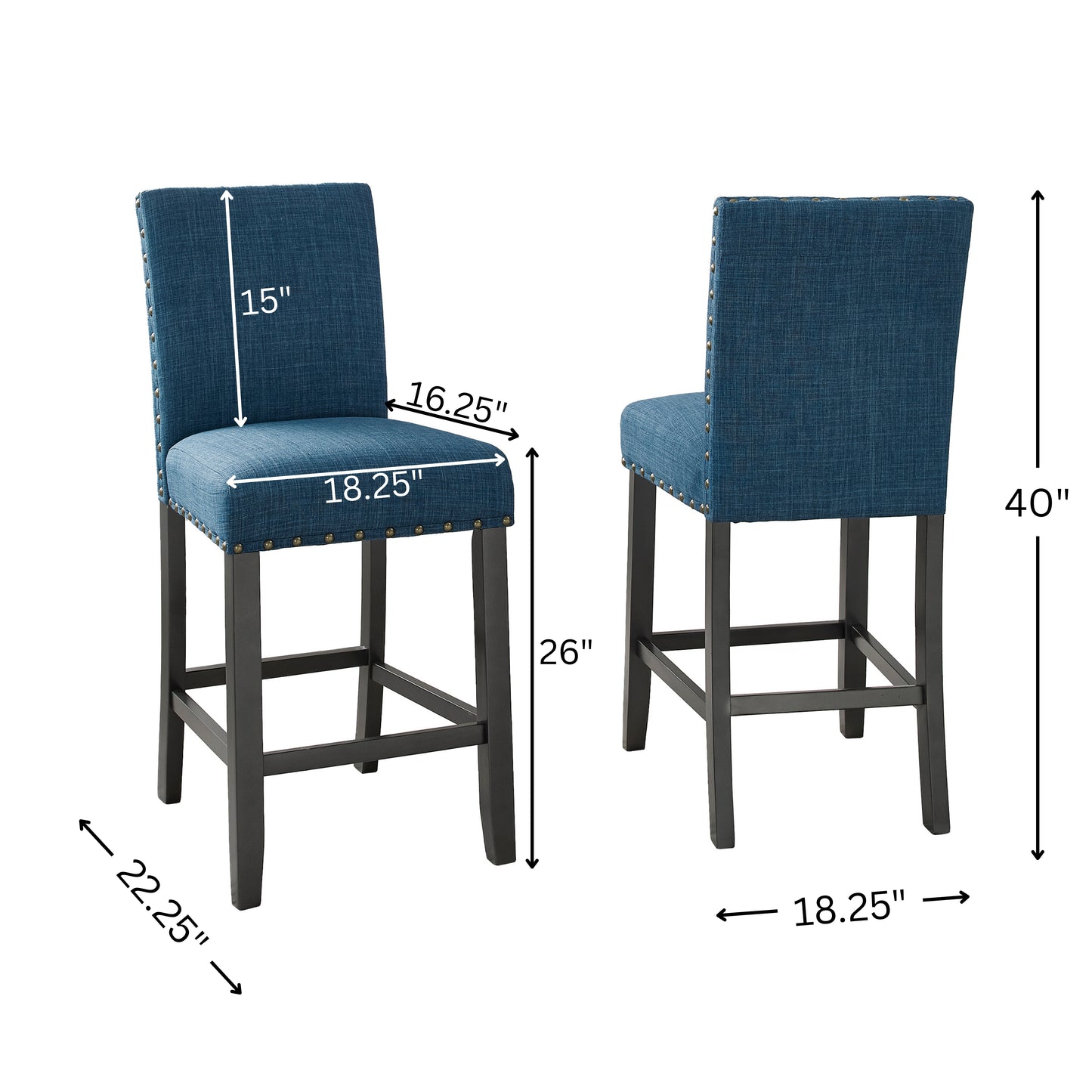 Biony Blue Fabric Counter Height Stools with Nailhead Trim, Set of 2