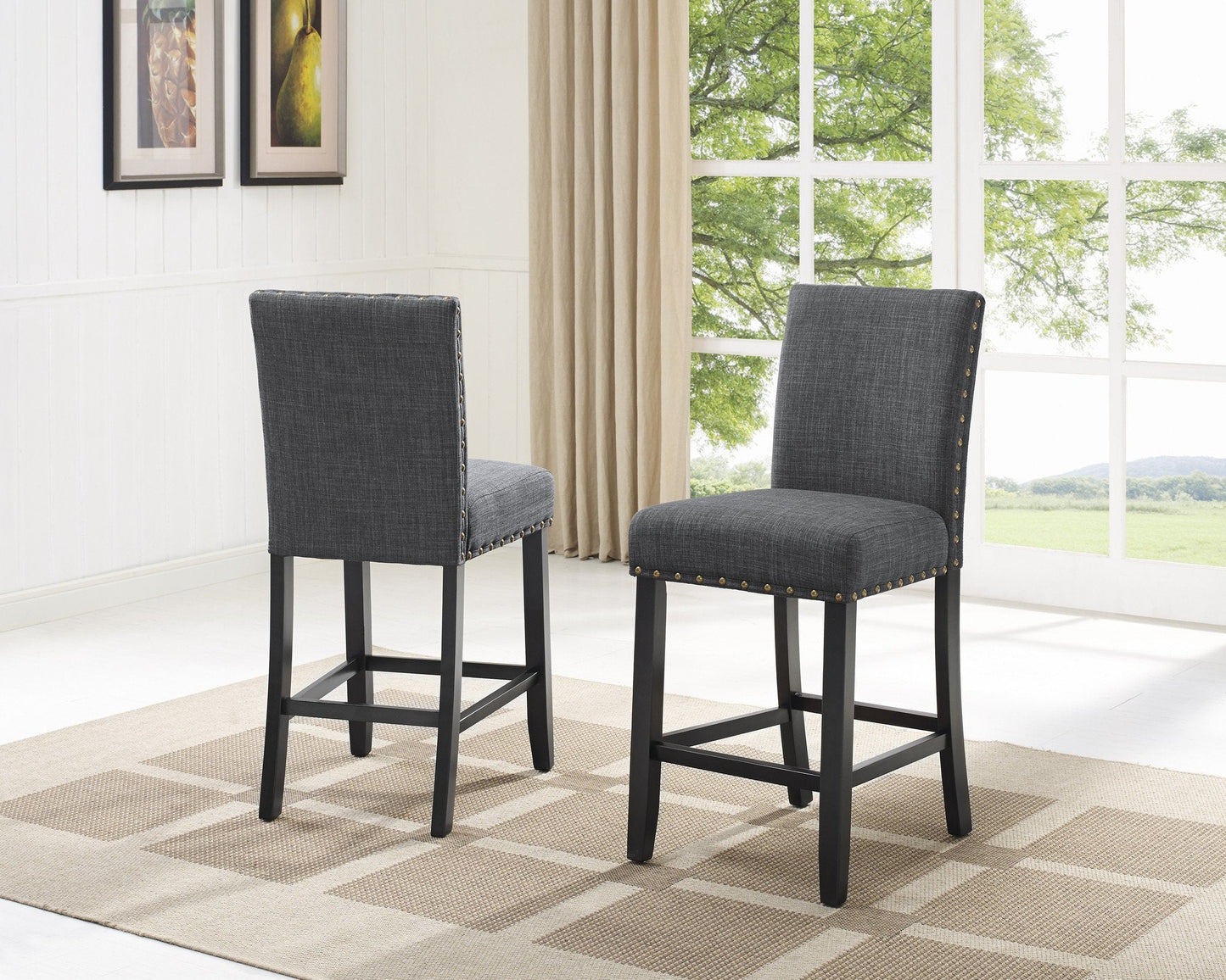 Roundhill Furniture Biony Fabric Counter Height Stools with Nailhead Trim, Gray, Set of 2