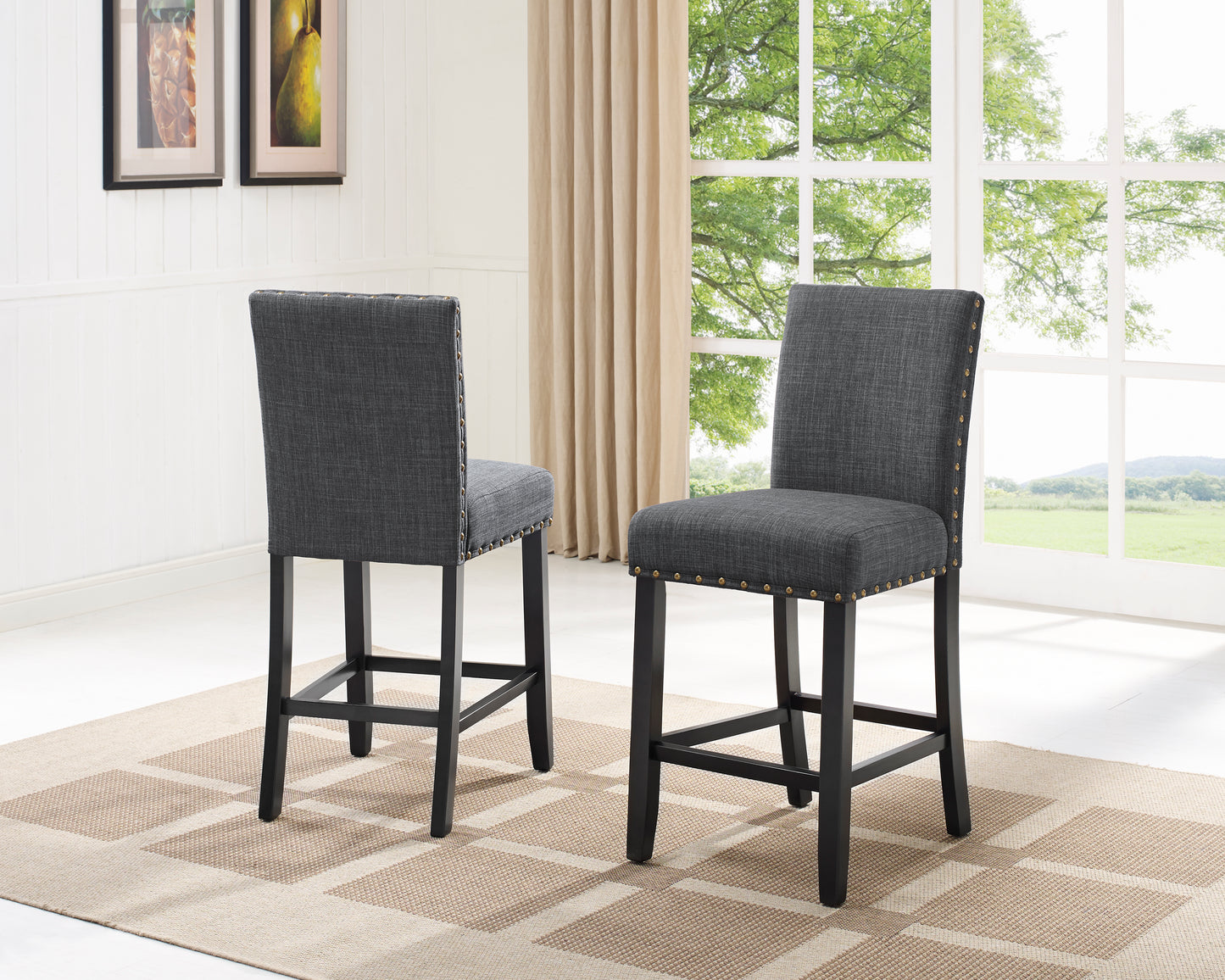 Roundhill Furniture Biony Fabric Counter Height Stools with Nailhead Trim, Set of 2